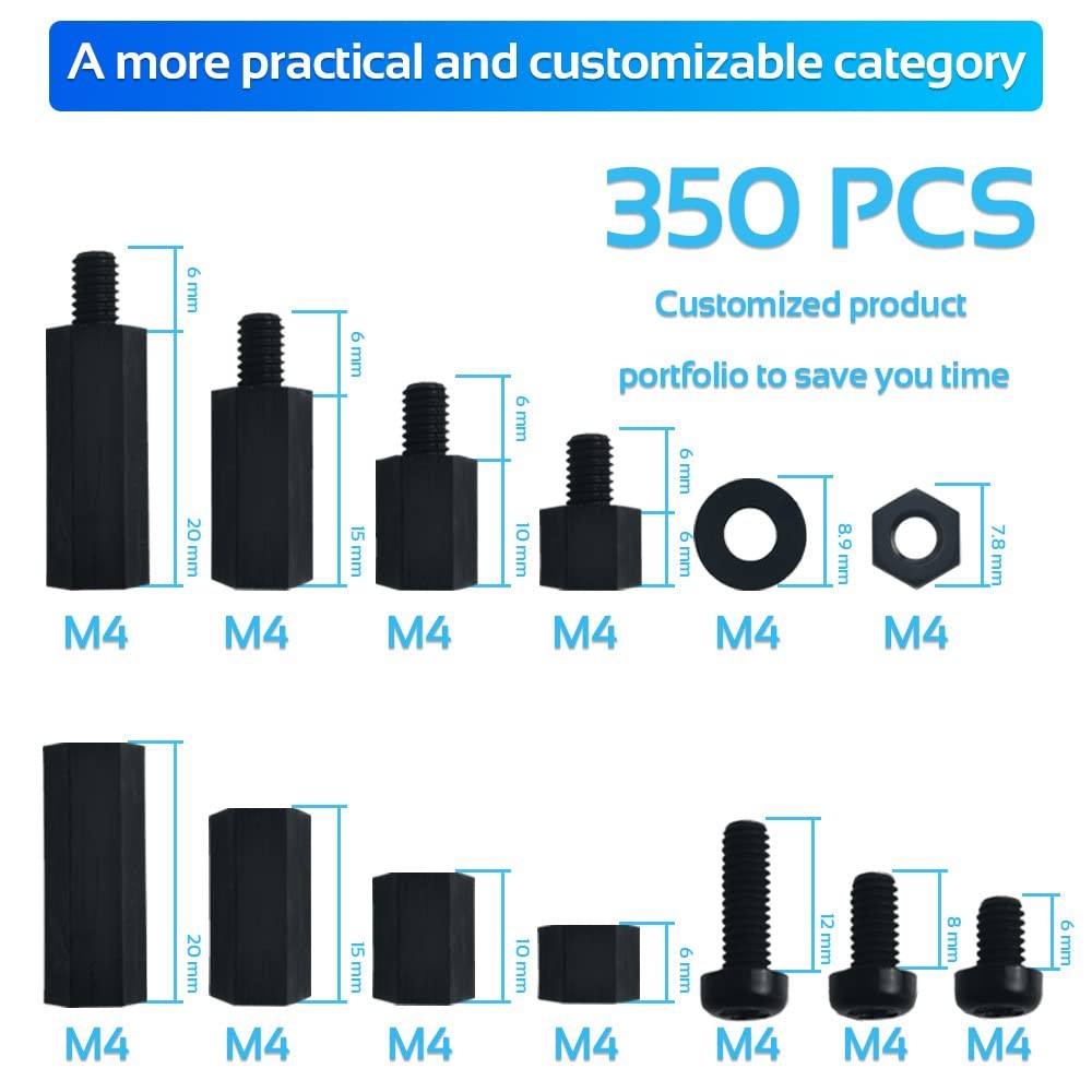 COMRUN 350PCS M2.5 Black Male Female Nylon Hex Spacer 350Pcs M2.5,