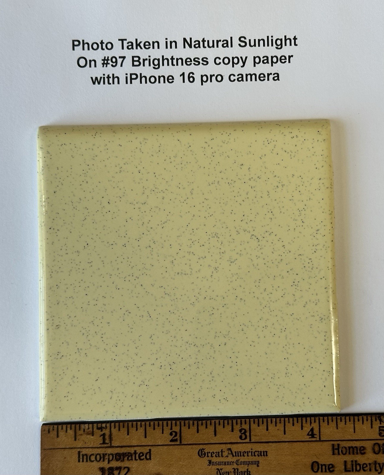 1 pc. Speckled Yellow Color: 4-1/4″ Glossy Ceramic Bullnose Tile, by Oxford Co.
