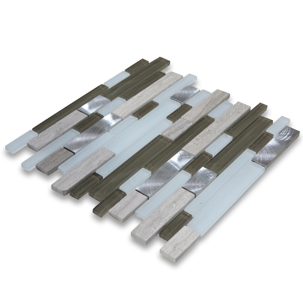 A78005 Glass Mosaic Tile Ash Brown White Grey Wood Grain Marble Aluminum