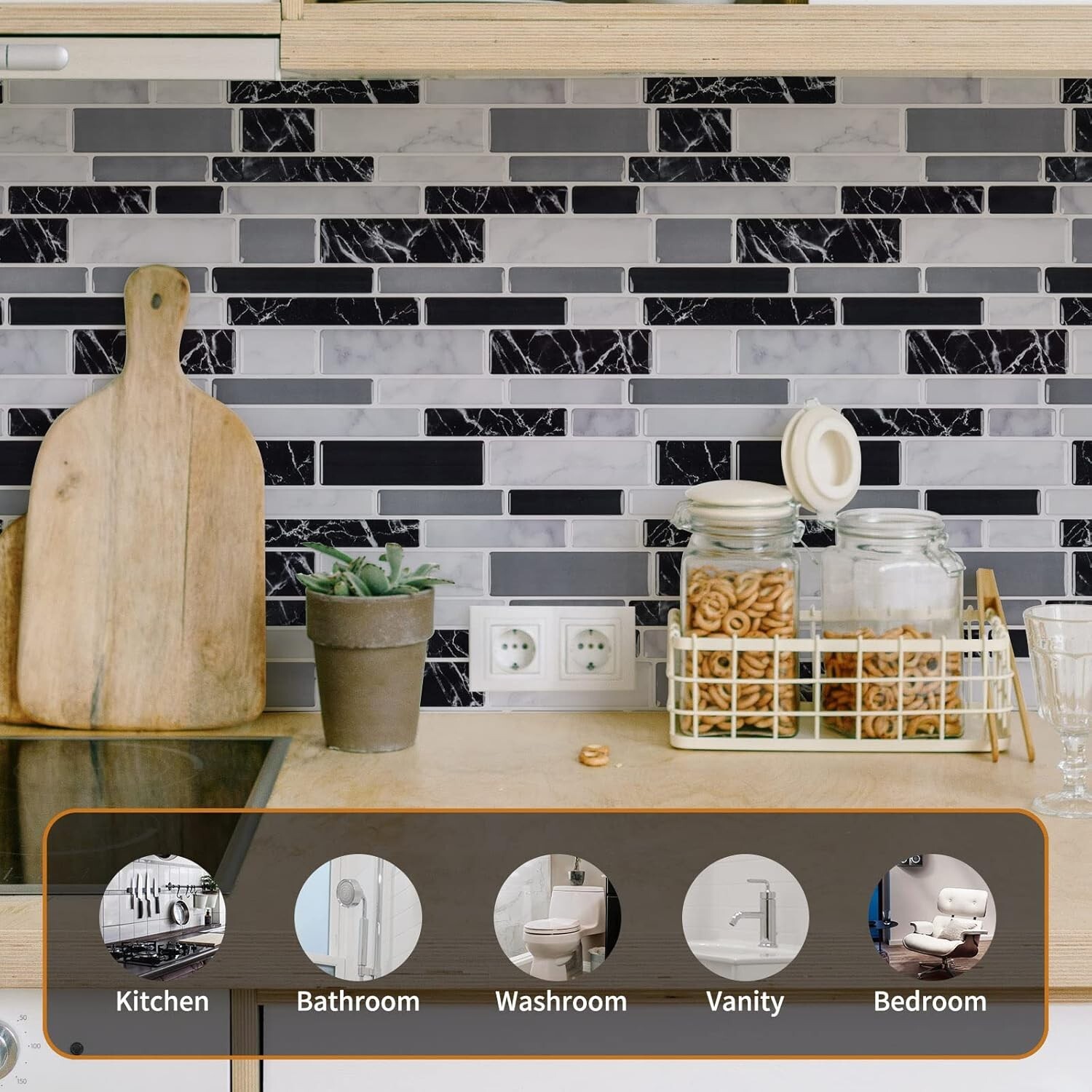 Elegant Striped Black Vinyl Backsplash Tiles 12″x12″ – Washable & Durable Design