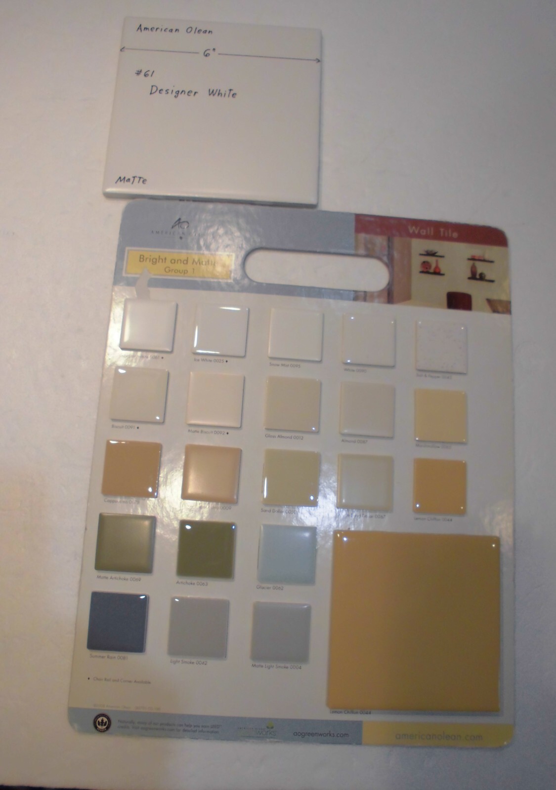 1 pc. *Matte Designer White* #61 by American Olean 6″ X 6″ Ceramic Tile: NEW