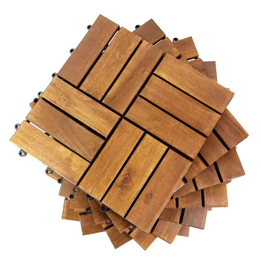 12×12 Acacia Wood Interlocking Deck Tiles Checker Pattern Brown 10 Pack