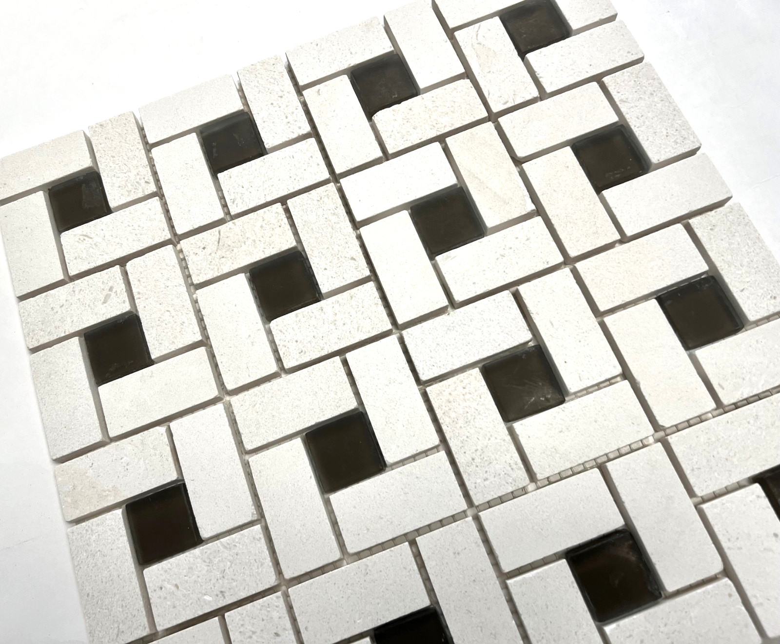 1X2 Pinwheel Vanilla Limestone with Chocolate frosted glass Mosaic Wall Tile