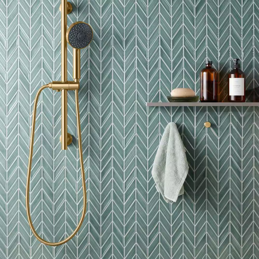Medley Chevron Marine Blue 11.22 In. X 11.81 In. Glossy Ceramic Mosaic Wall Tile