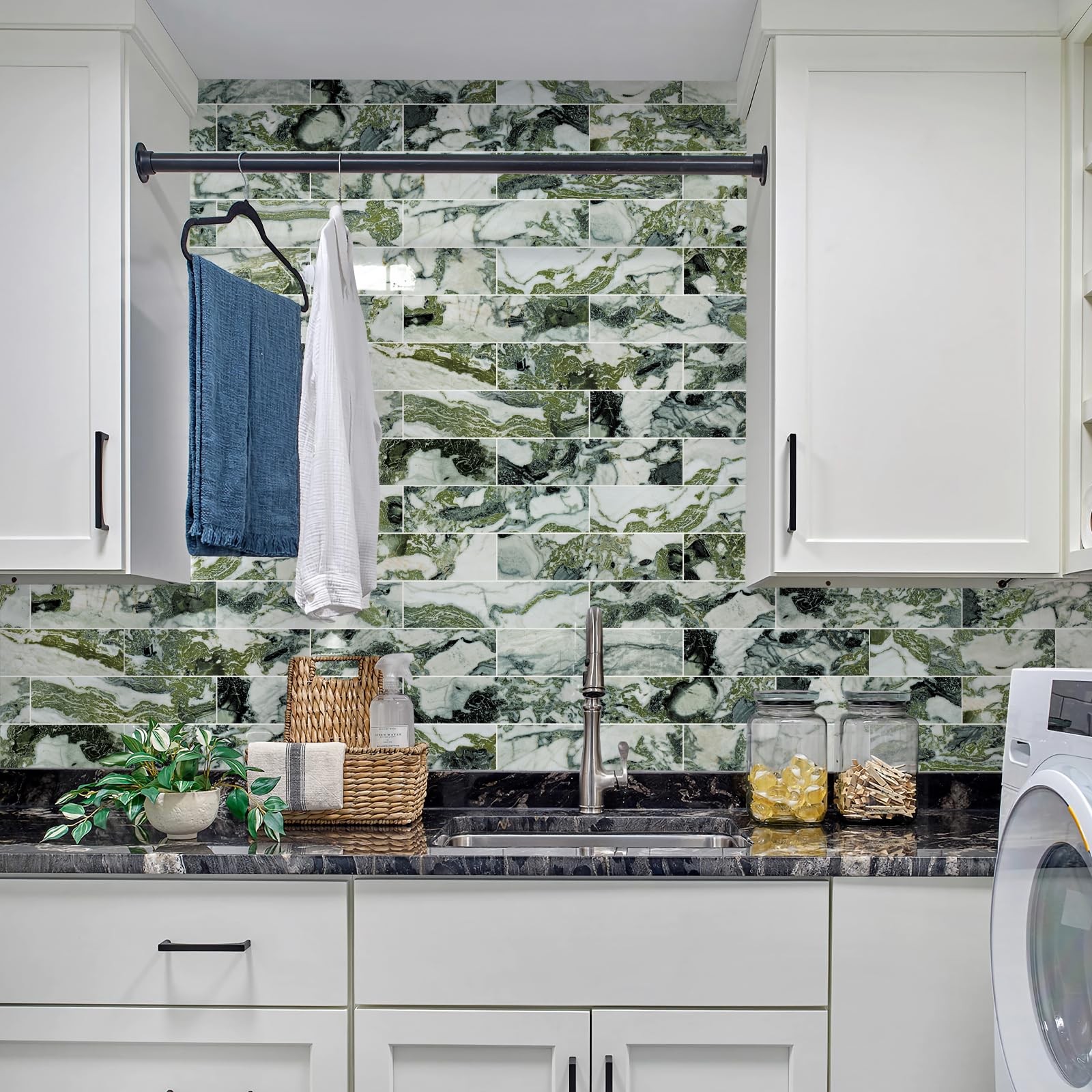 40-Piece Glossy Ice Green Marble Peel and Stick Backsplash Tiles with White G…