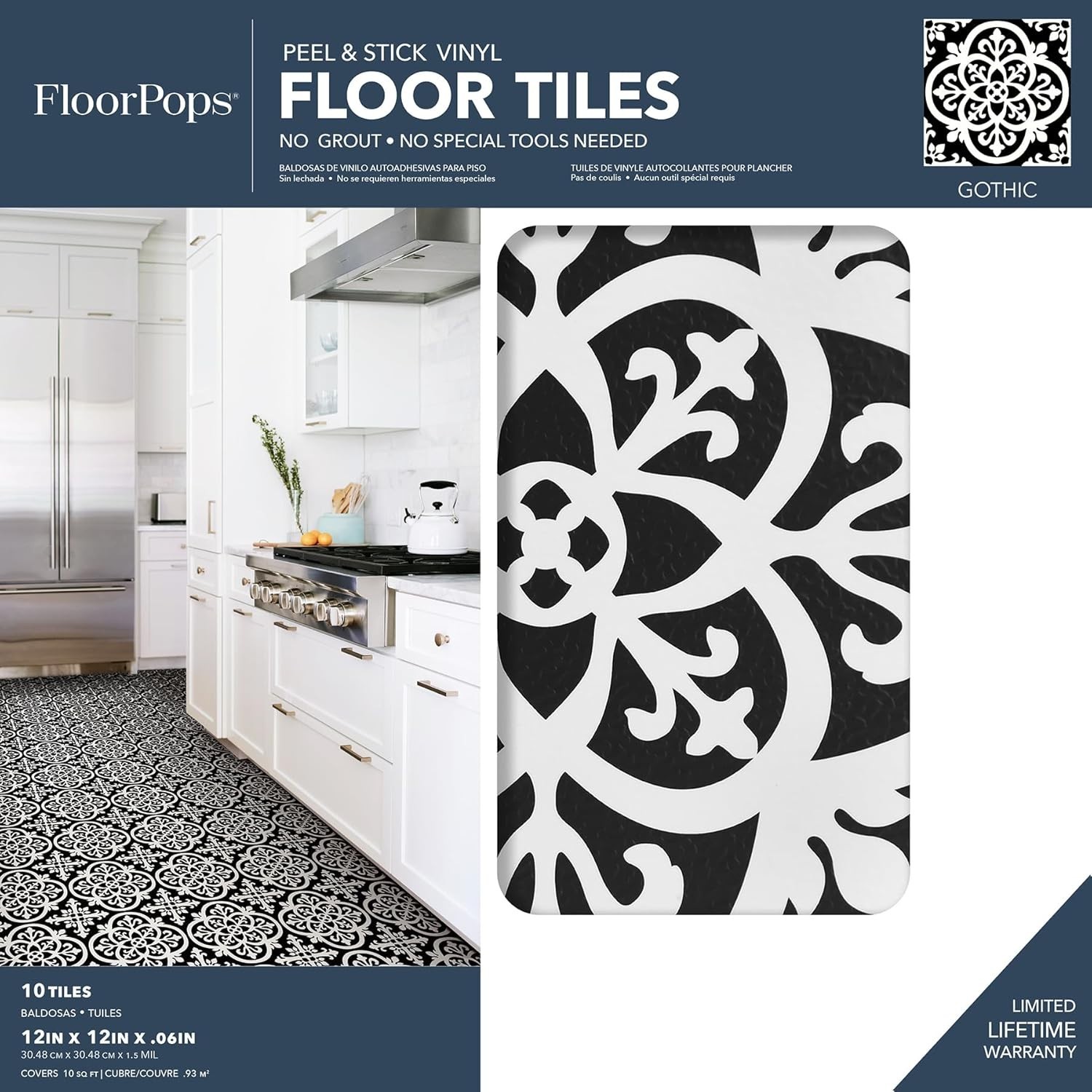 Gothic Peel & Stick Vinyl Floor Tiles 12×12 Black Water Resistant Easy Install