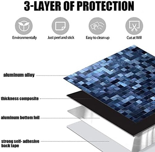 XUANINY 5-Sheet Peel and Stick Backsplash Tiles Dark Blue Surface Aluminum Mo…