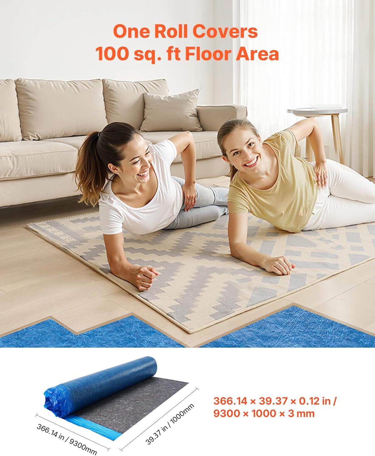 Floor Underlayment 100 Sq. Ft/Roll, 3 Mm Thick Laminate Flooring Padding with At
