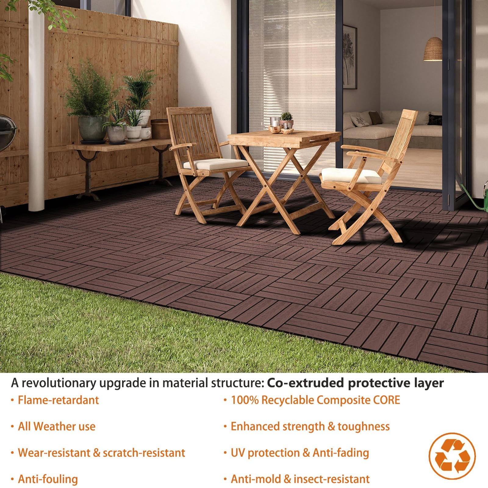 Polymer Interlocking Composite Deck Tiles Outdoor(4Pcs,Coffee) | 12×12″ Thick Co