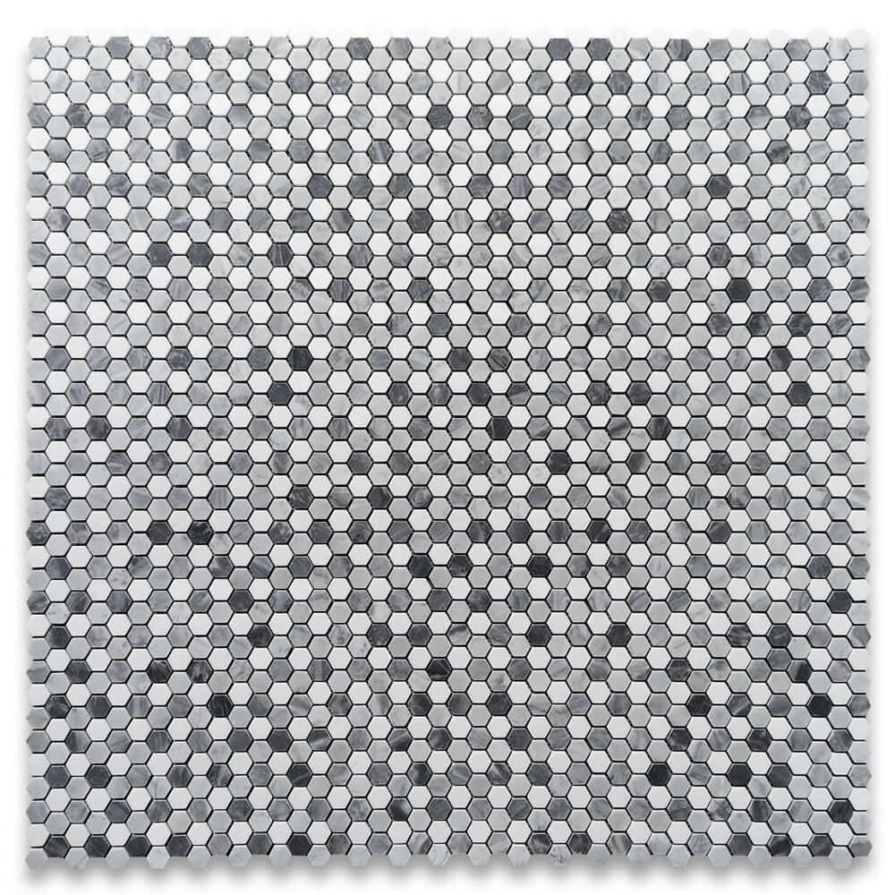 C31A7XH Carrara White Marble Monochrome Hexagon Mosaic Tile Gray White Honed