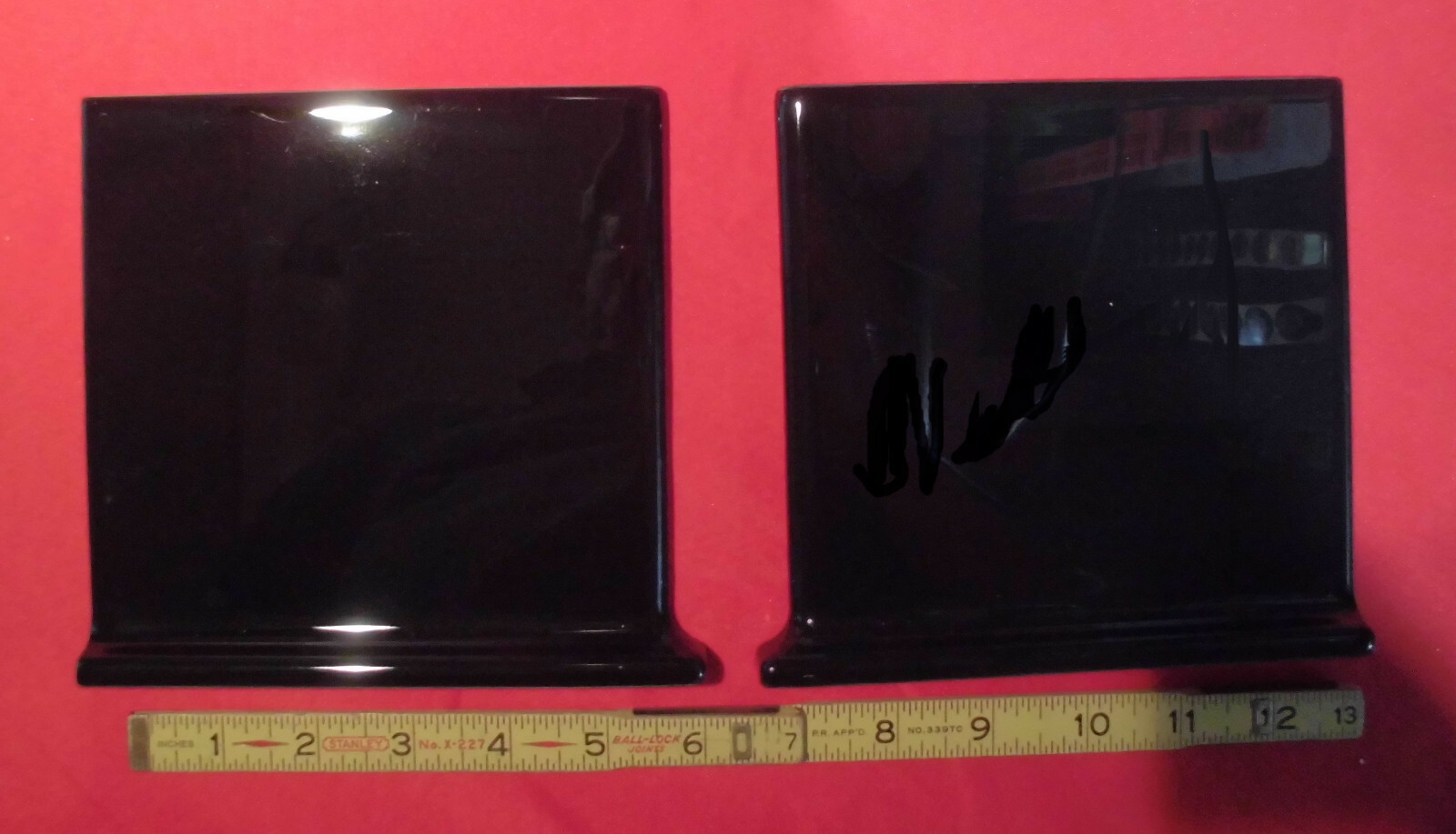 lot of 6: Glossy Black: Flat Top; base/cove Ceramic Tile: 6″ X 6″ with Defects