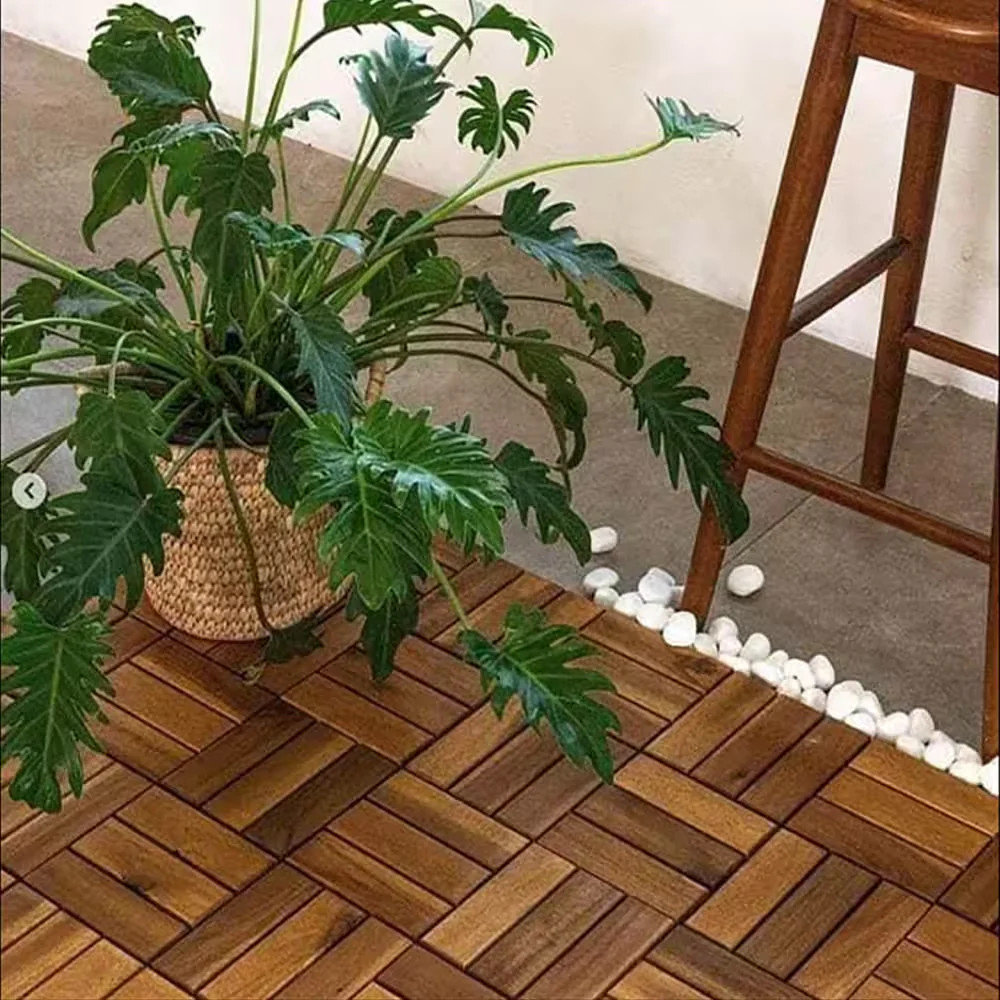 12×12 Acacia Wood Interlocking Deck Tiles Checker Pattern Brown 10 Pack