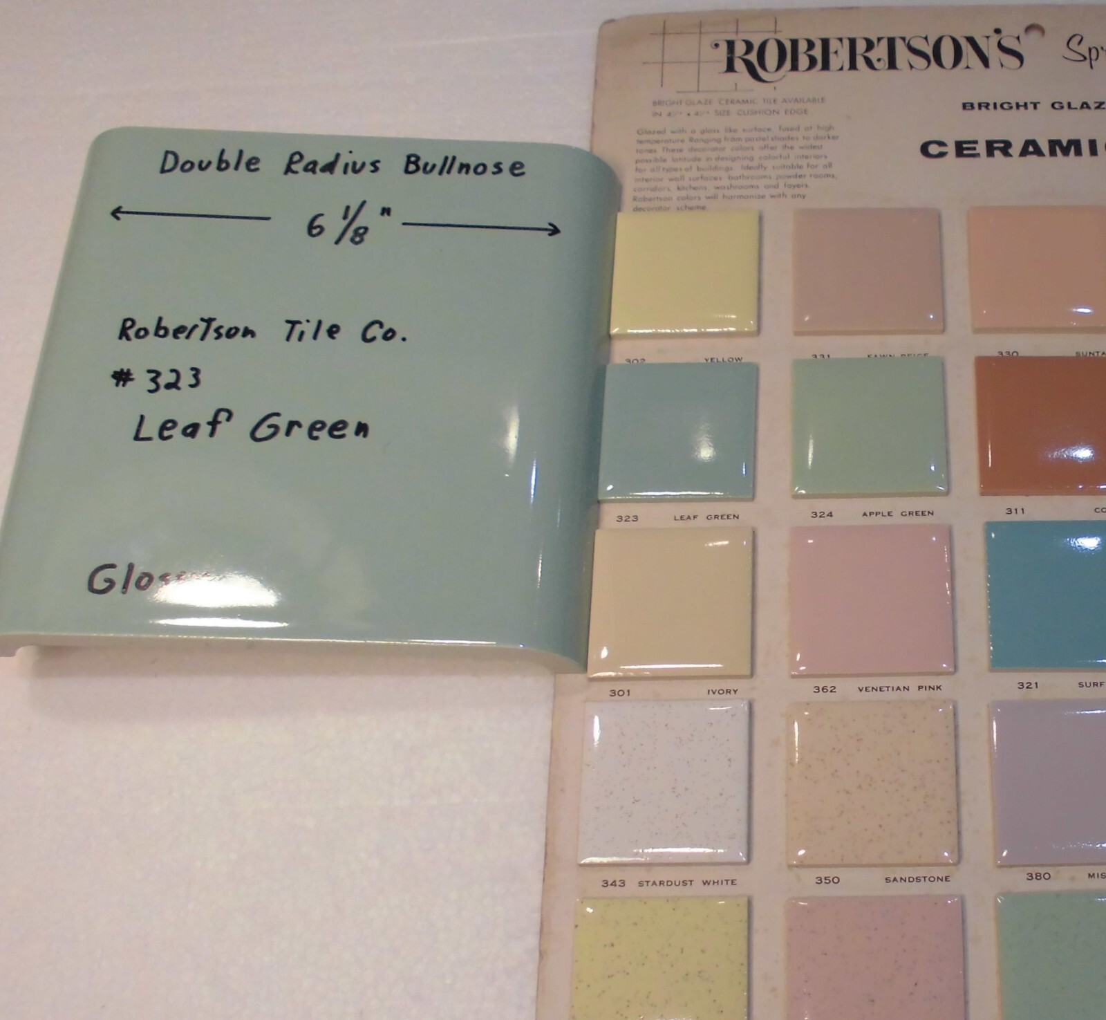 1 pc. Leaf Green 6″ x 6″ Double Radius Bullnose Glossy Ceramic Tile: NOS