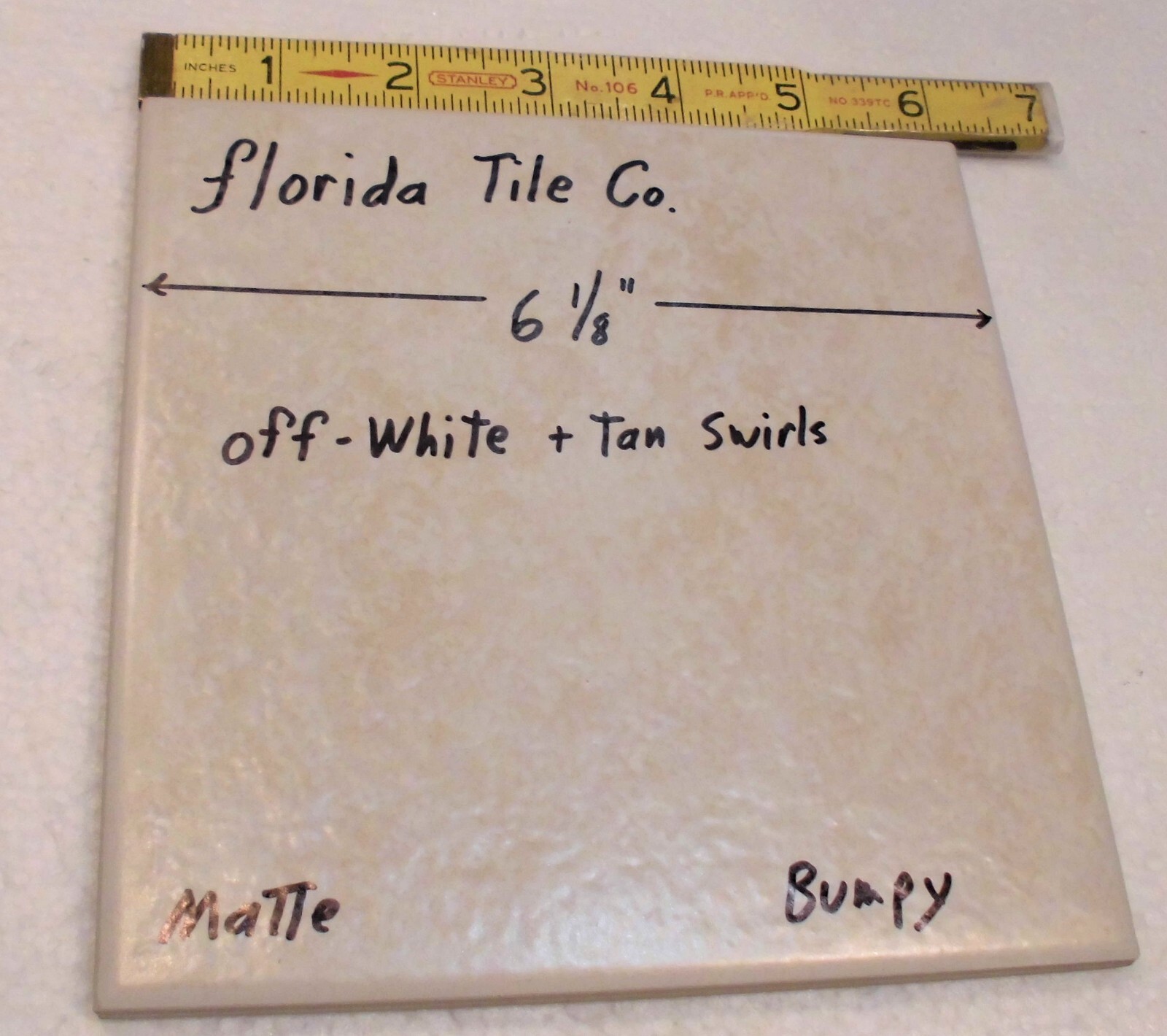 1 pc. Off-White +Tan Swirls: 6-1/8″ Square; Matte Ceramic Tile, by Florida, NOS