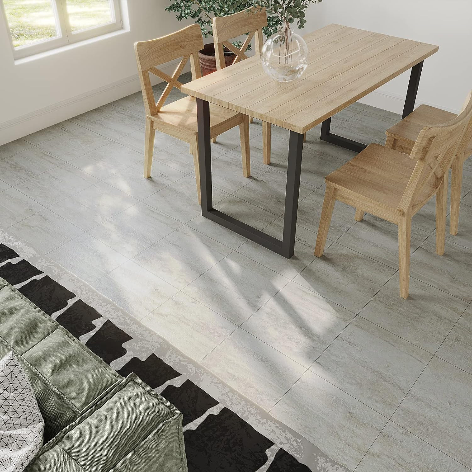 Travertine Peel and Stick Floor Tile – Waterproof Beige Vinyl 12”X12”