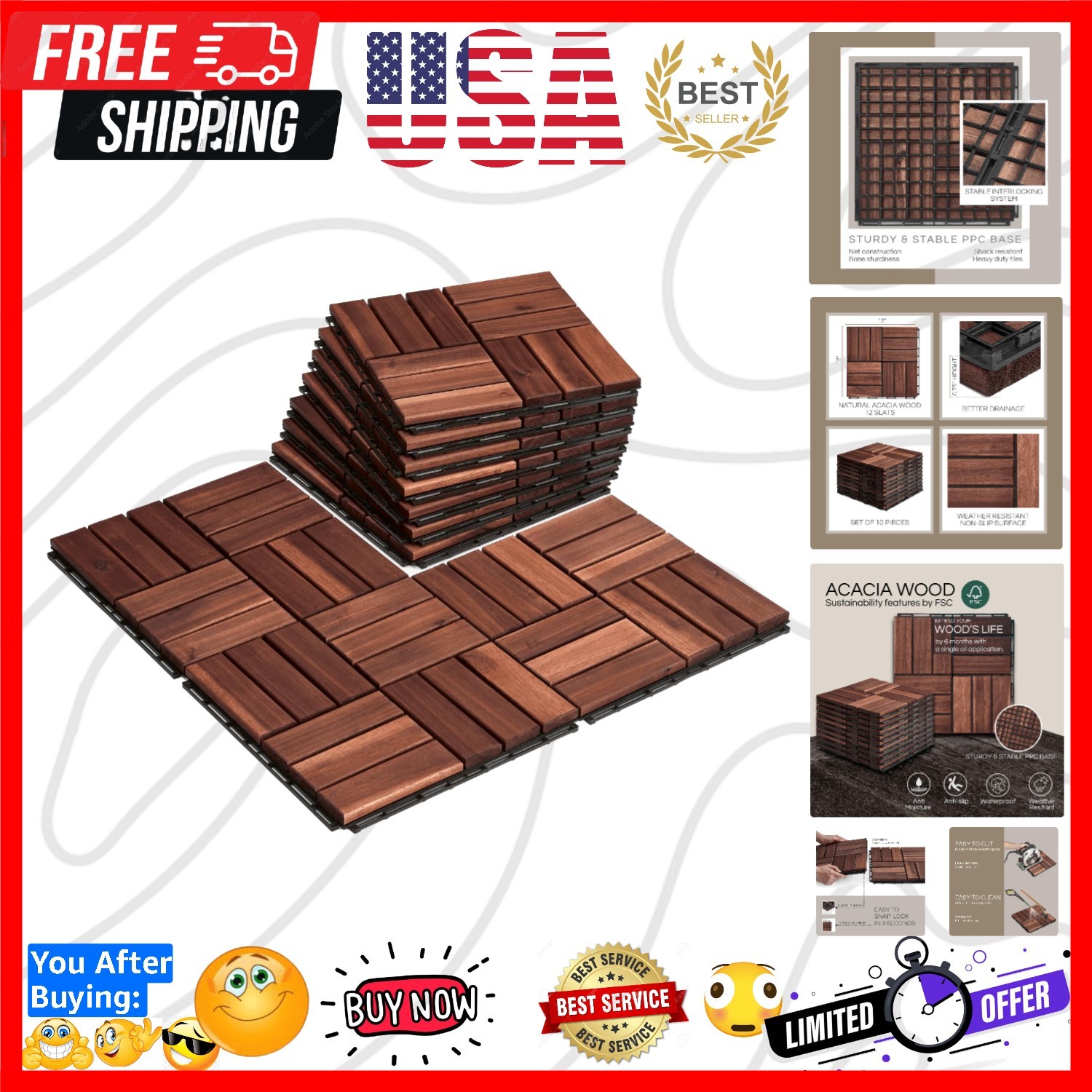 , Patio Flooring – Set 10 Pcs 12”x12”x0.9” Interlocking , Waterproof Acacia W…