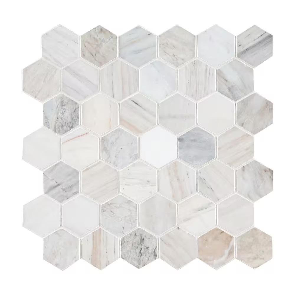 Angora 2 In. Hex 12 In. X 12 In. X 0.38 In. Polished Marble Mesh Mounted Mosaic