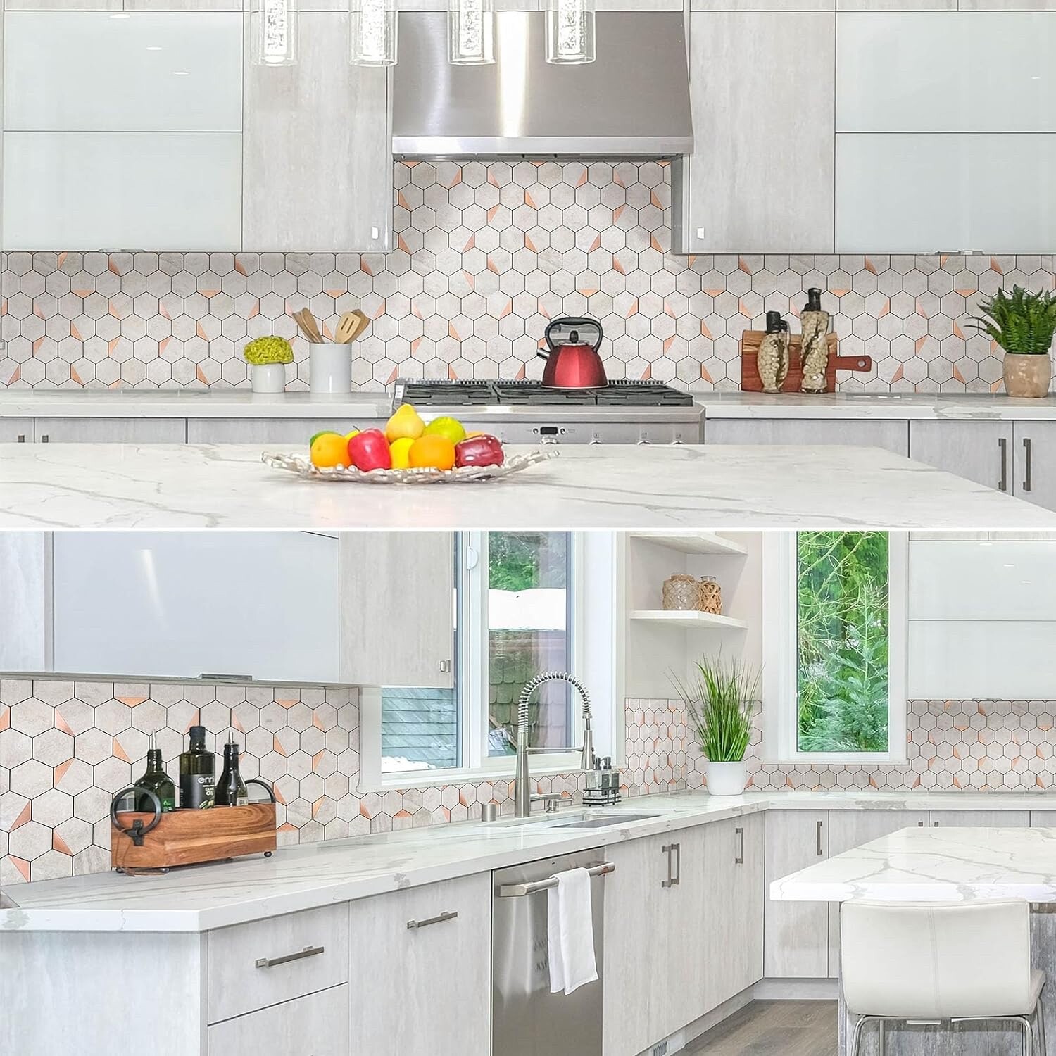 10-Sheet Hexagon Peel and Stick Backsplash Tile,12.2×11.34 inches Beige Marbl…