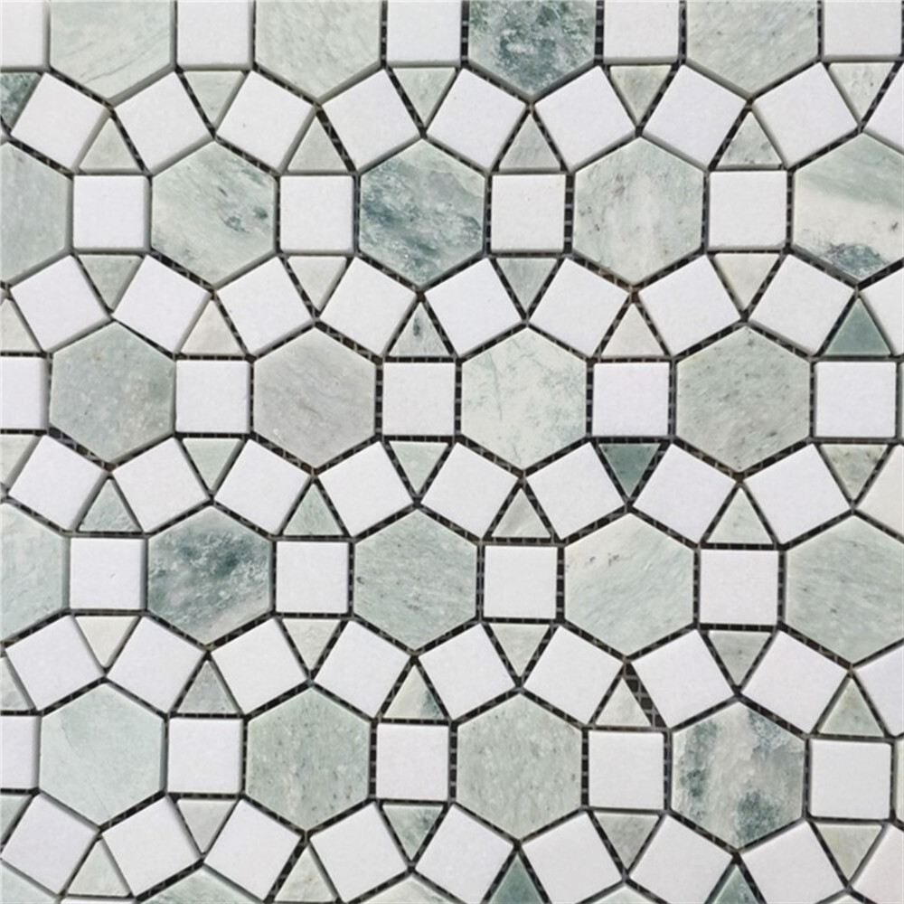 T392XH Thassos White Marble Hexagon Sunflower Ming Green Mosaic Tile Honed