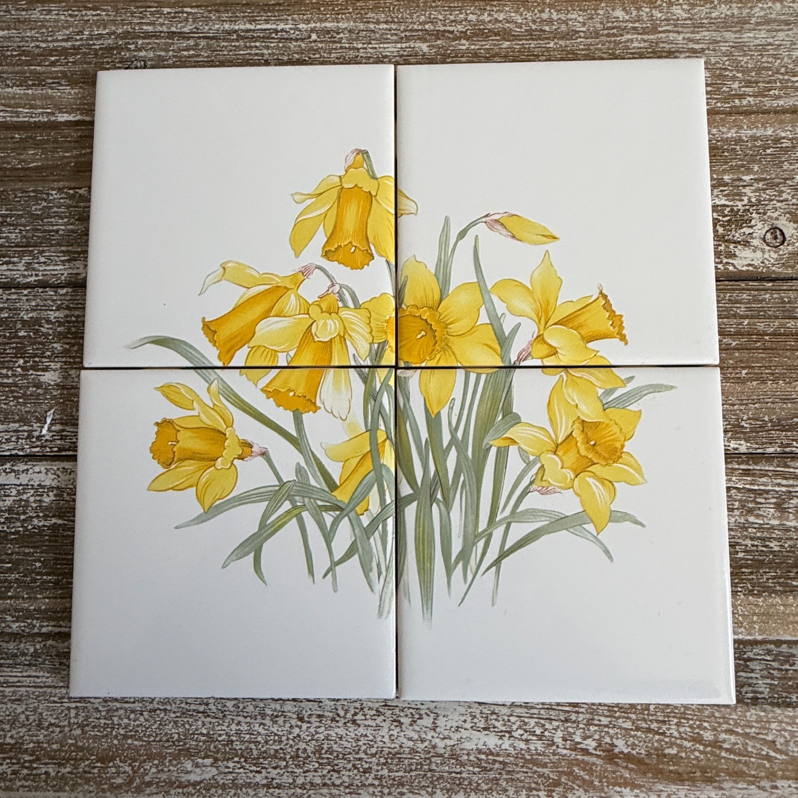 Vintage Yellow Daffodils Tile Mural Set 4 on White USA Wildflower Garden