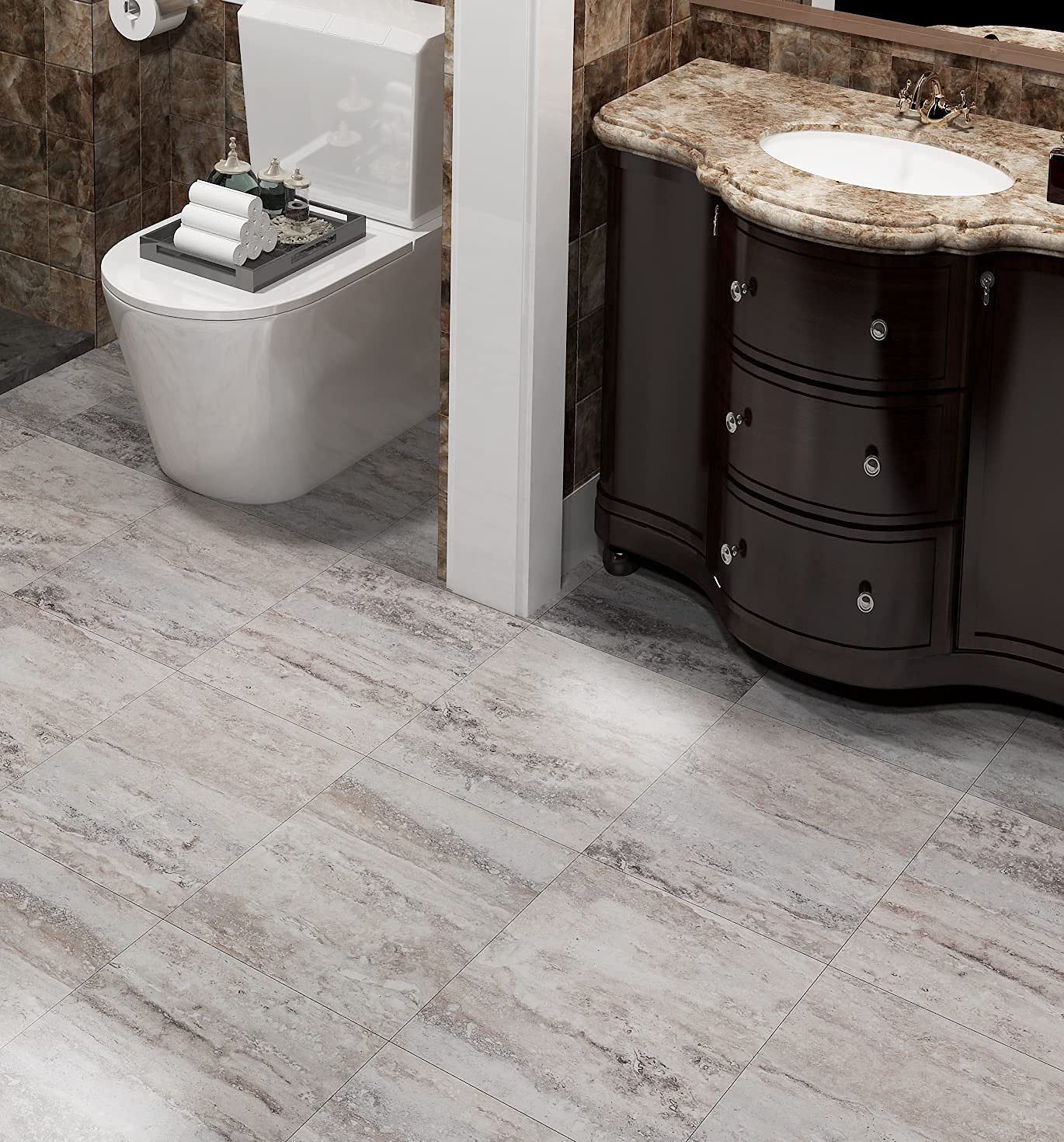 Waterproof Peel and Stick Floor Tile 12″X12″ Speckled Stone Vinyl Flooring Bathr