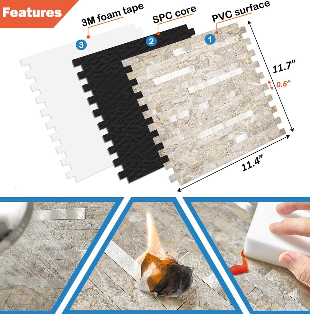10-Sheet Peel and Stick Backsplash Wall Tile, PVC Kitchen Backsplash Peel and St