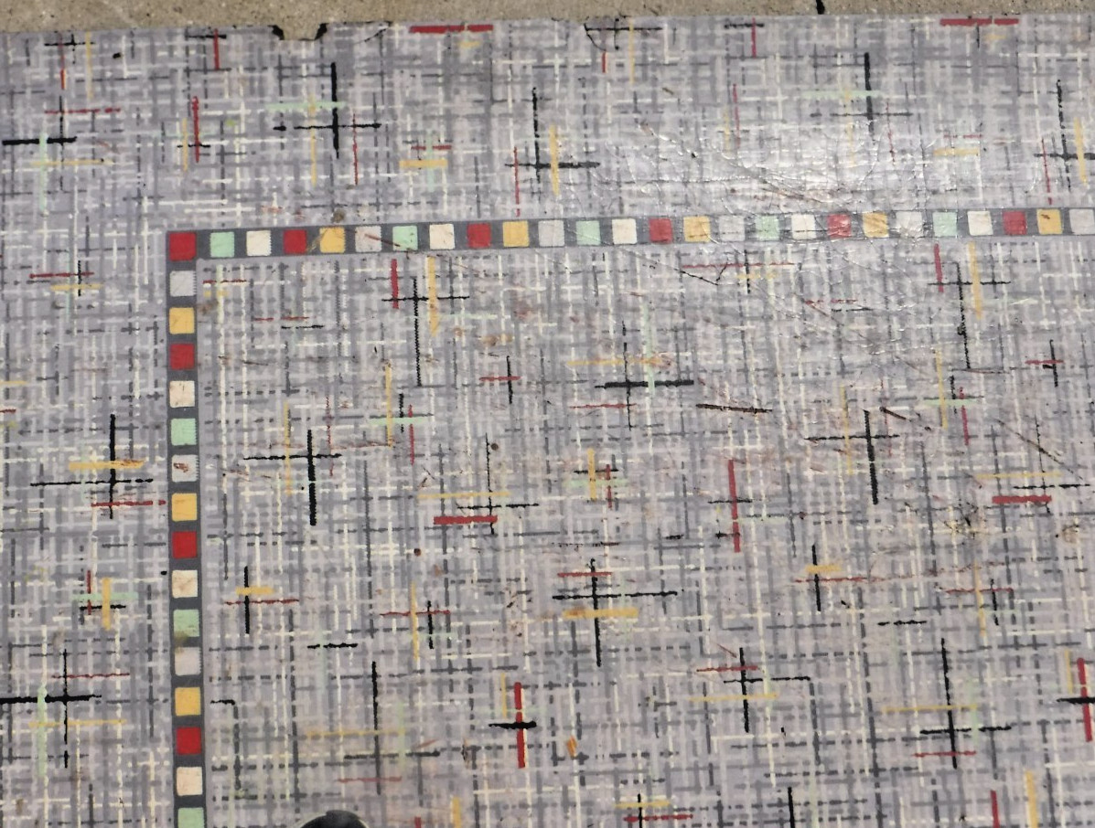 VTG~LINOLEUM FLOORING~LARGE PIECE~75″X85″~1950-60~MOVIE SET~MCM~GRAY GRID A