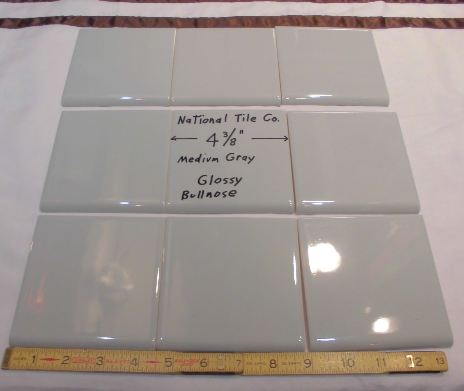 9 pcs. Vintage *Medium Gray* 4-3/8″ Glossy Ceramic Bullnose by National Tile Co.
