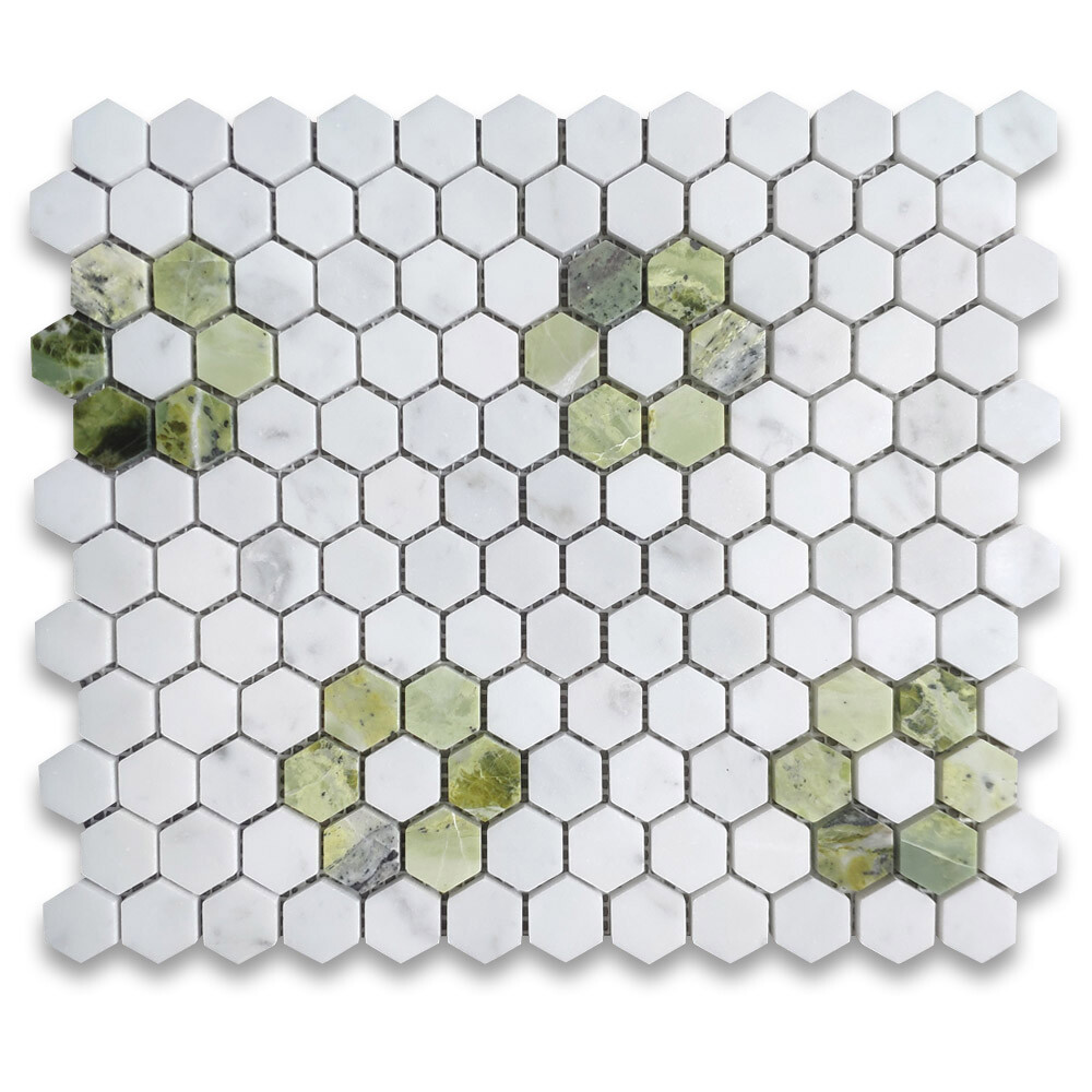 C31F12XH Carrara White Marble Hexagon Rosette Mosaic Tile Green Jade Honed
