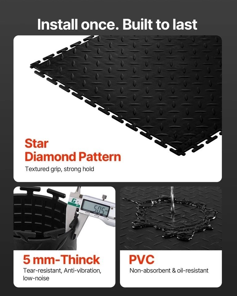 Garage Floor Tiles Interlocking 16 Pack 20.2×20.2×0.2 in PVC Black