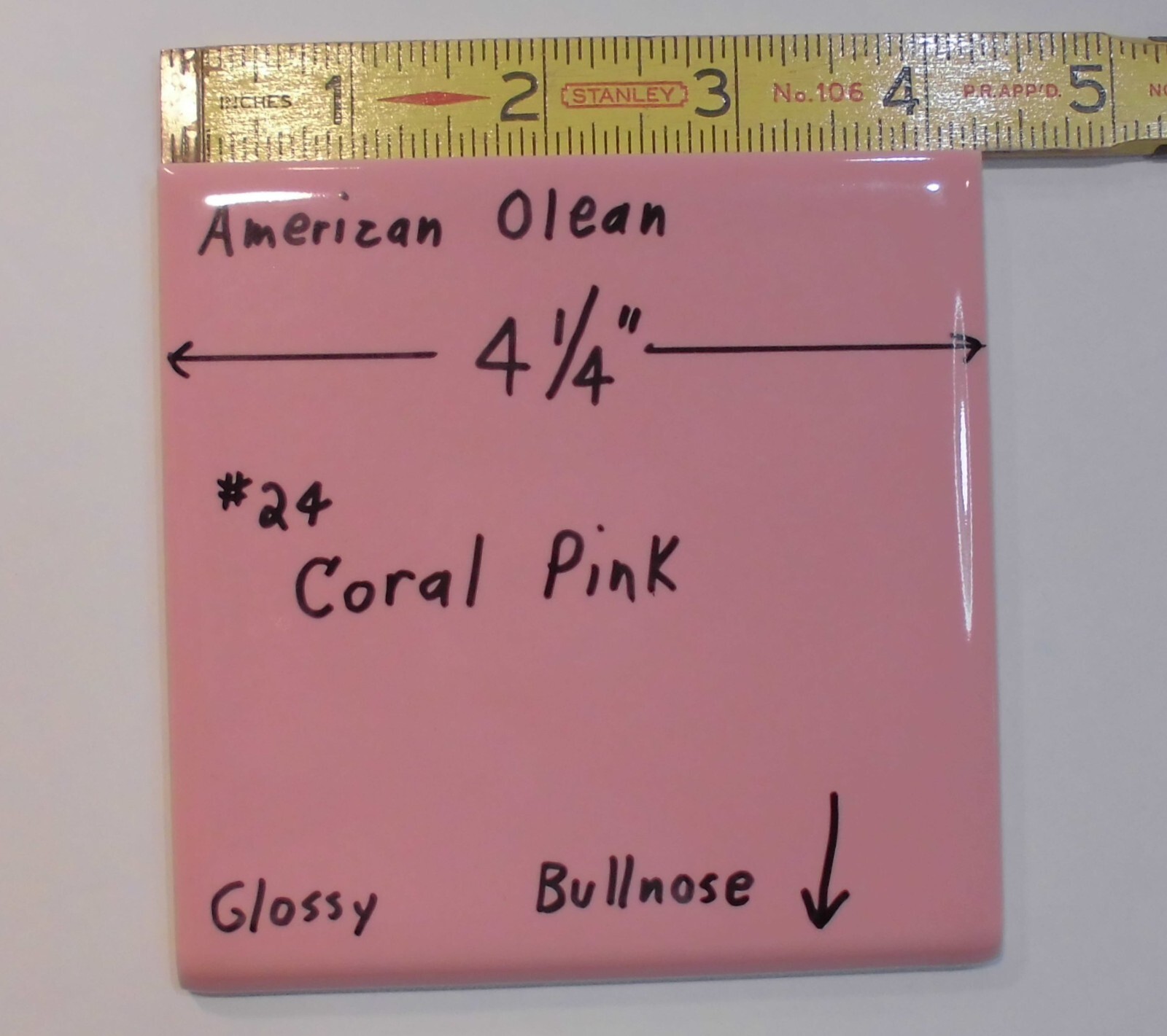 1 pc. Vintage Glossy Ceramic Bullnose Tile 4-1/4” *Coral-Pink* American Olean