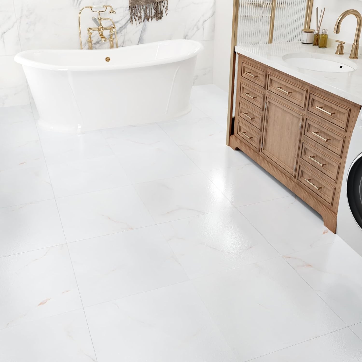 White/Red Peel and Stick Floor Tile Waterproof White Marble Floor Tiles for