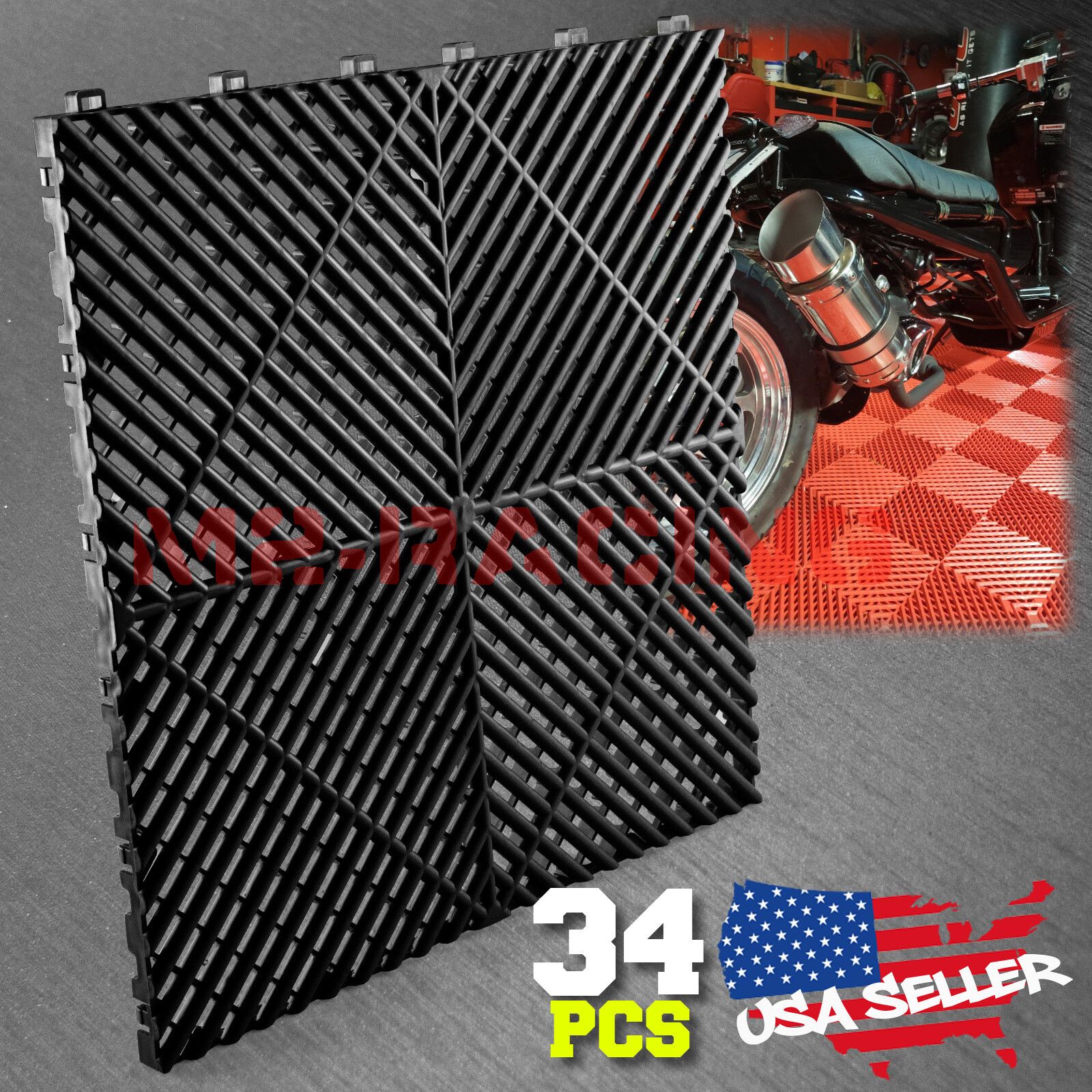34pcs 16″x16″ Garage Floor Mat Perforated Flooring Tile Auto Shop Interlocking