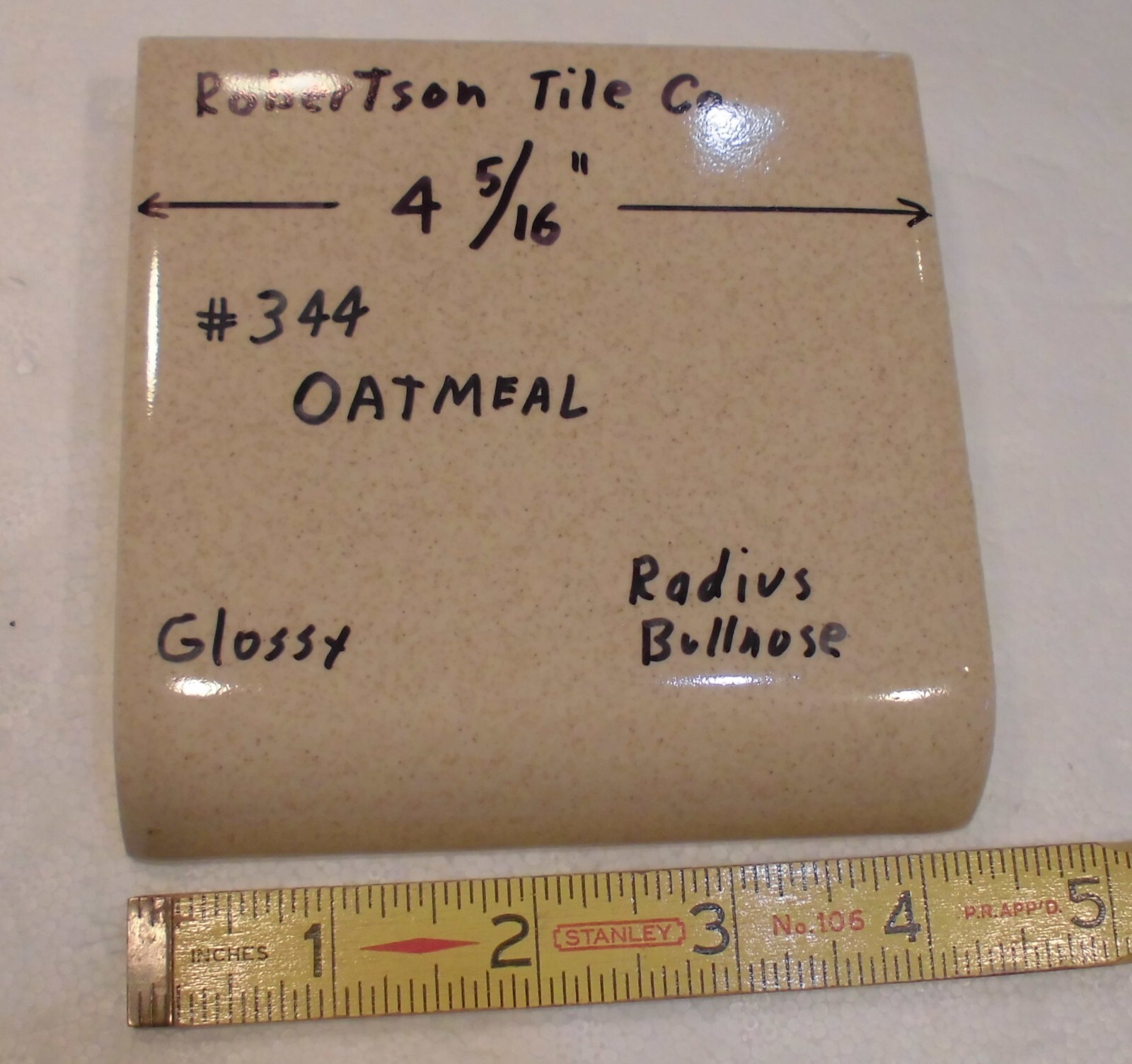 1 pc. Oatmeal-Buckwheat: Radius Bullnose Glossy Ceramic Tile Robertson 4-5/16″