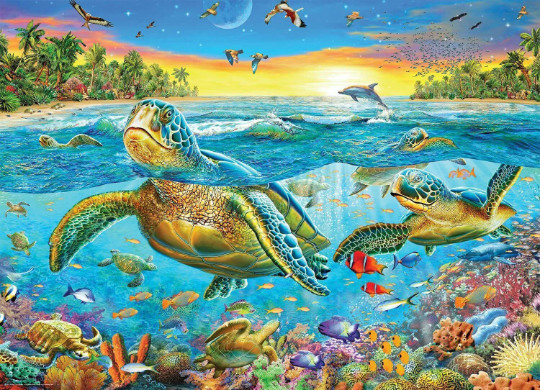 Seascape tropical fish dolphin sea turtle sunset ceramic tile mural backsplash