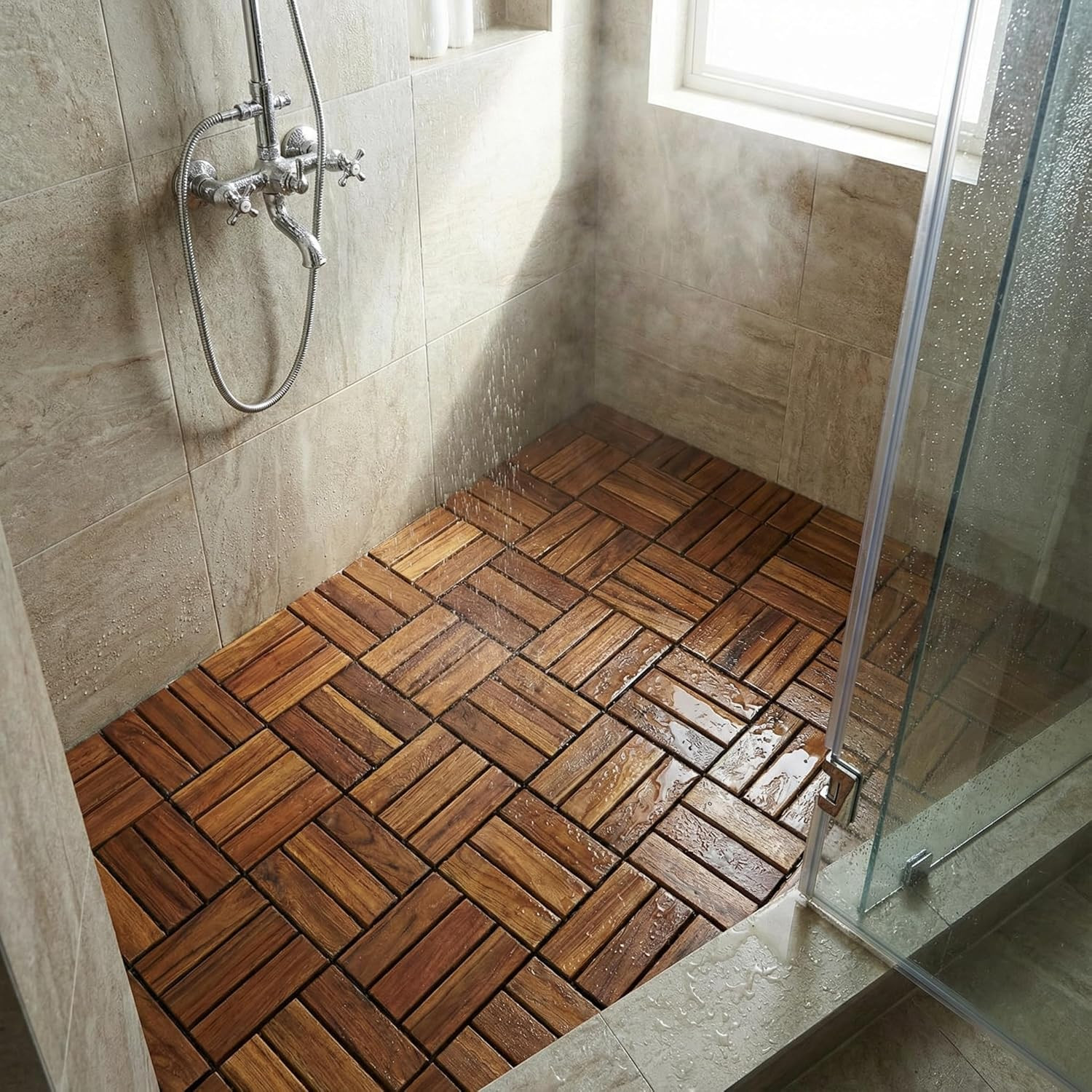 BARE-WF2009 Solid Teak Wood Interlocking Flooring Tiles (Pack of 10), 12″ X 12″,