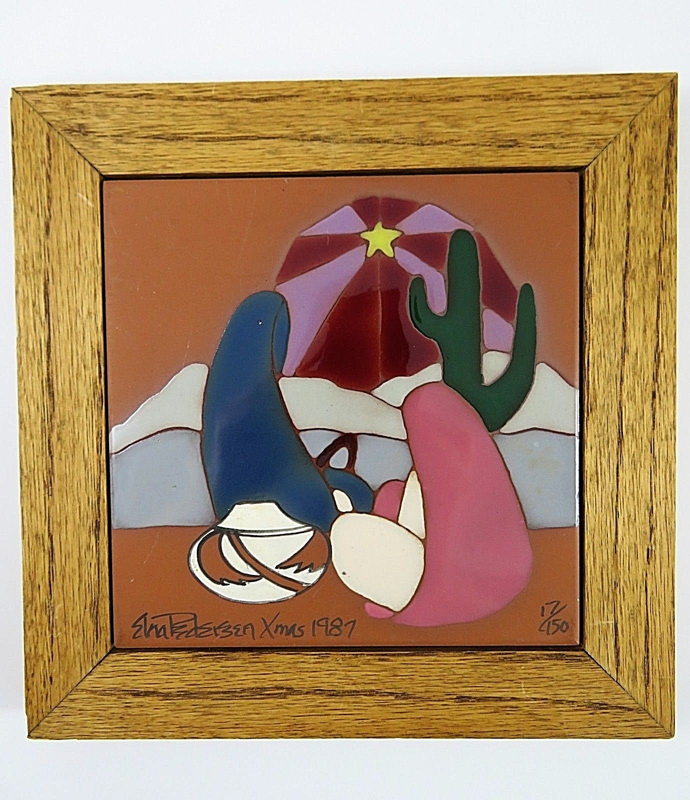 Pair Southwest Christmas Holy Family Oak Framed Clay Tile Wall Hangings Signed