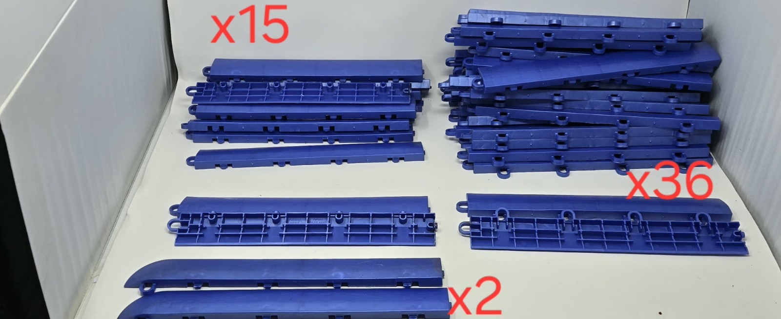 Modular Garage Floor Tile Edge Ramps/Transitions Blue Lot of 53 Piece Used