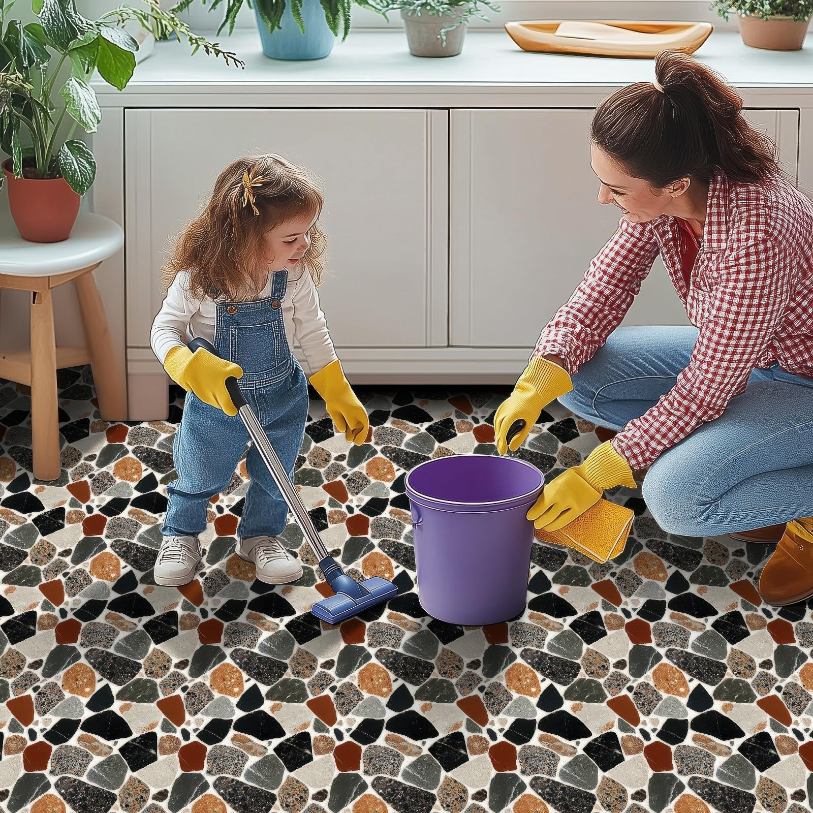 10PCS 12×12 Inch Terrazzo Stone Look Peel and Stick Floor Tiles Flat Self Adh…