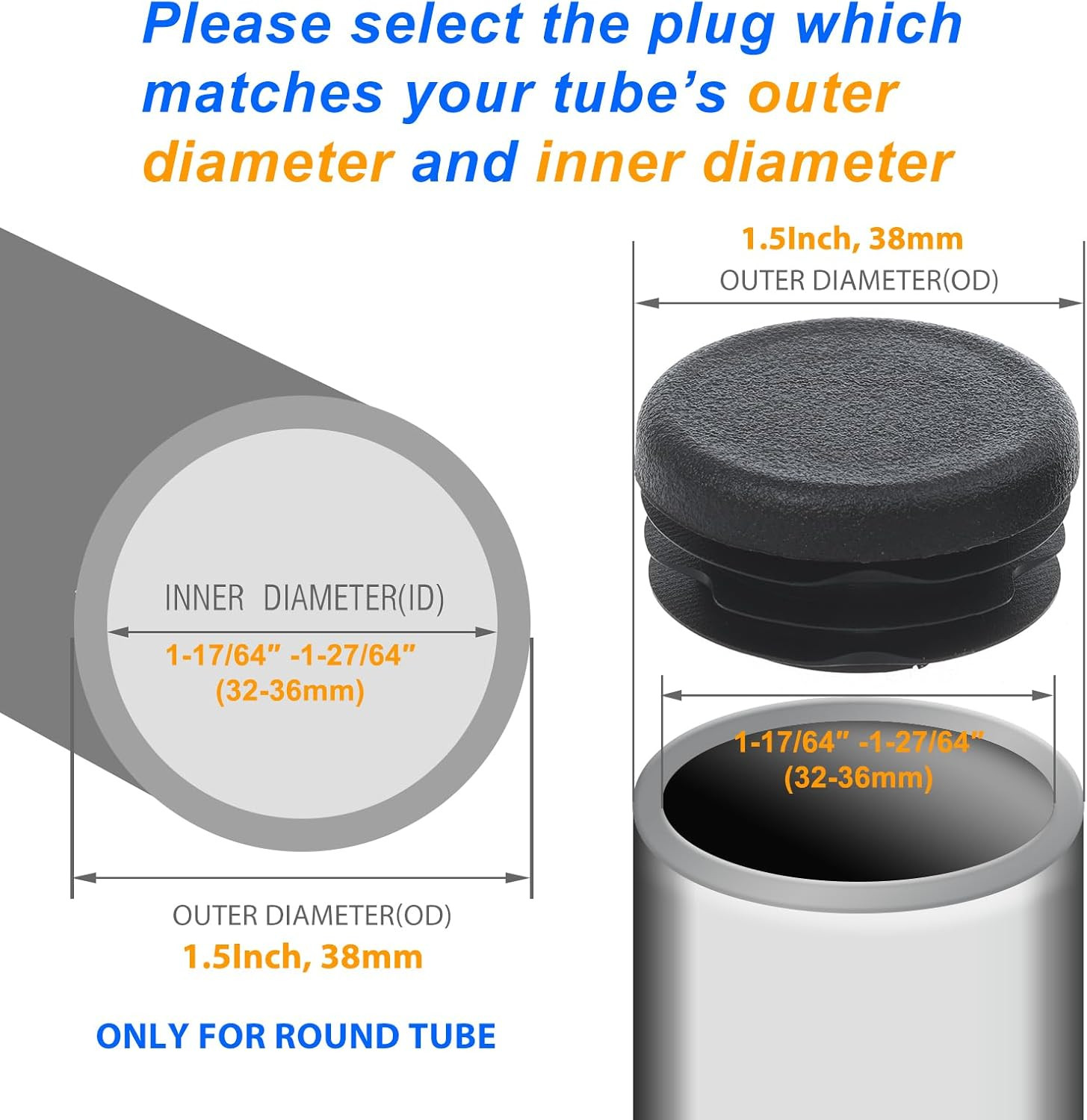 Paquete De 12 Tapones Redondos De Plastico Para Tubos 38Mm OD 1-1/2 Inch Negros