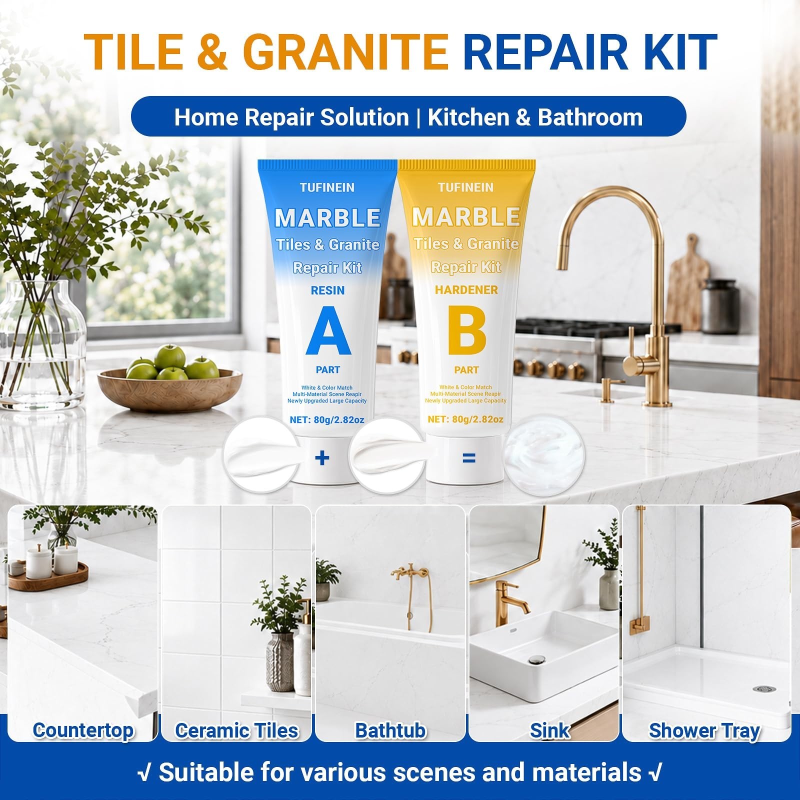 Marble & Granite Countertop Repair Kit – 160g for Chips, Cracks, Scratches & Den