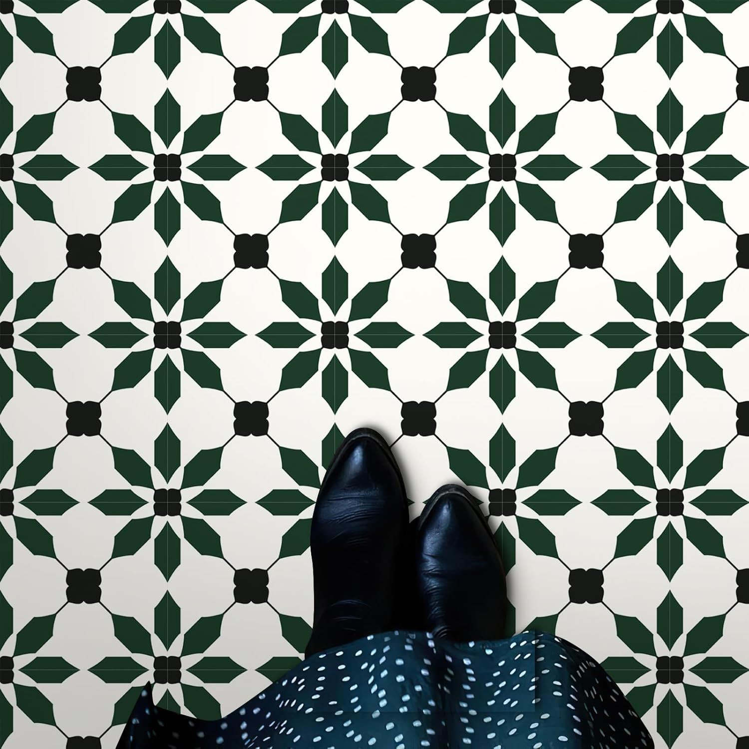 Peel & Stick Vinyl Floor Tiles Waterproof 20PCS Black Green