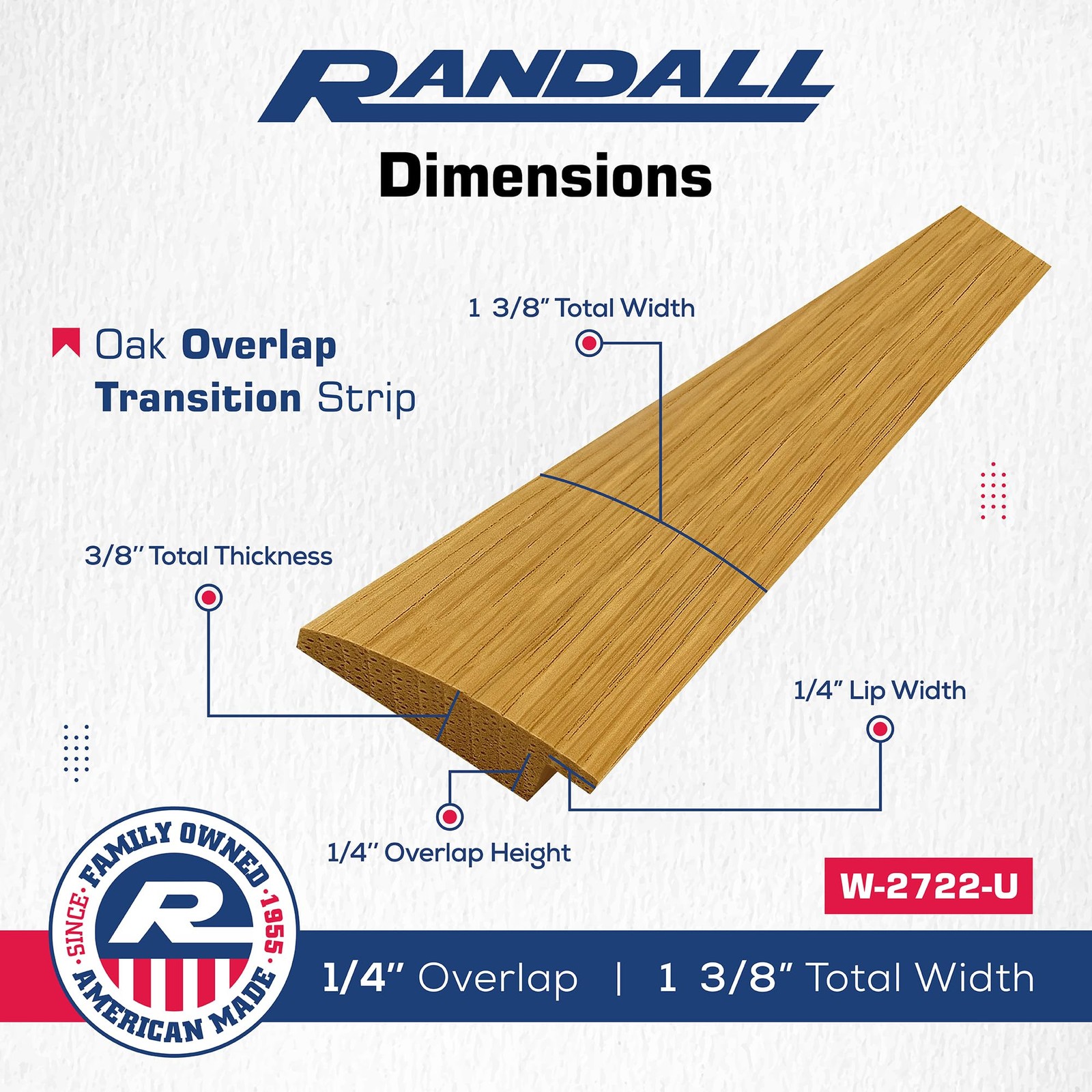 3 FT 1 3/8″ Wide Solid Oak Overlap Transition Strip with 1/4″ High Overlap
