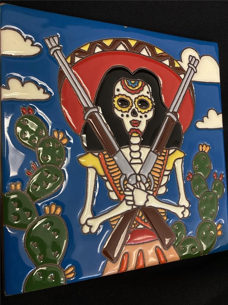 ++ Handmade Rifle Lady Day of The Dead Clay Tile 6×6