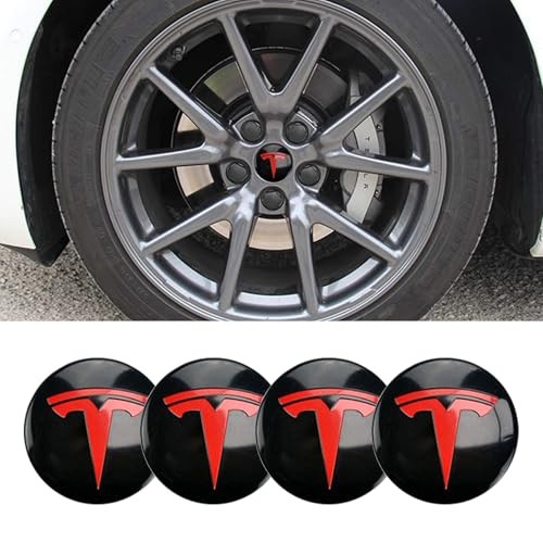 4 PCS Wheel Center Hub Cap Sticker for Model 3 / Model Y, Glossy Black & Red