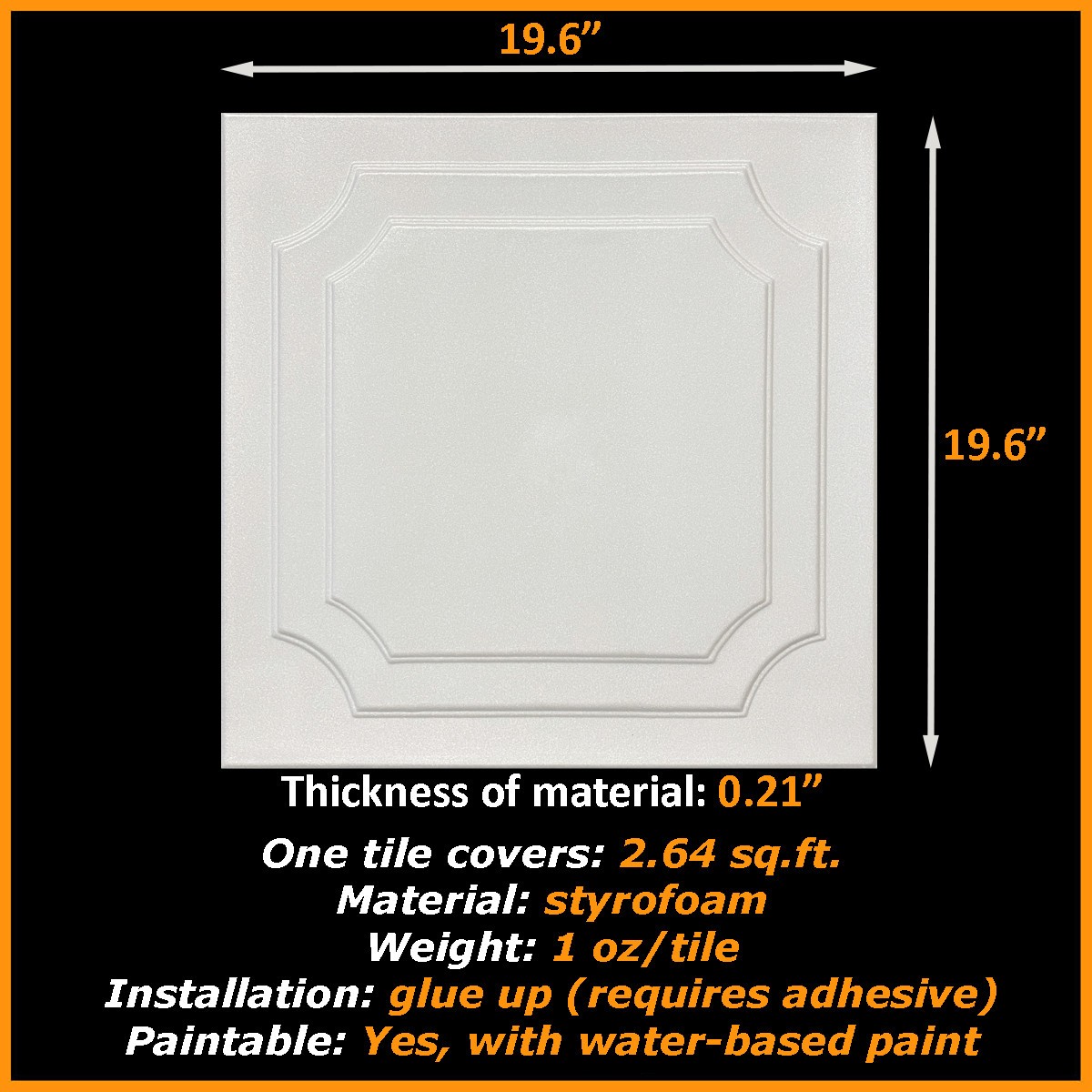 Ceiling Tiles Glue Up Styrofoam 20×20 R8 White Pack of 96 pcs 253 sq ft