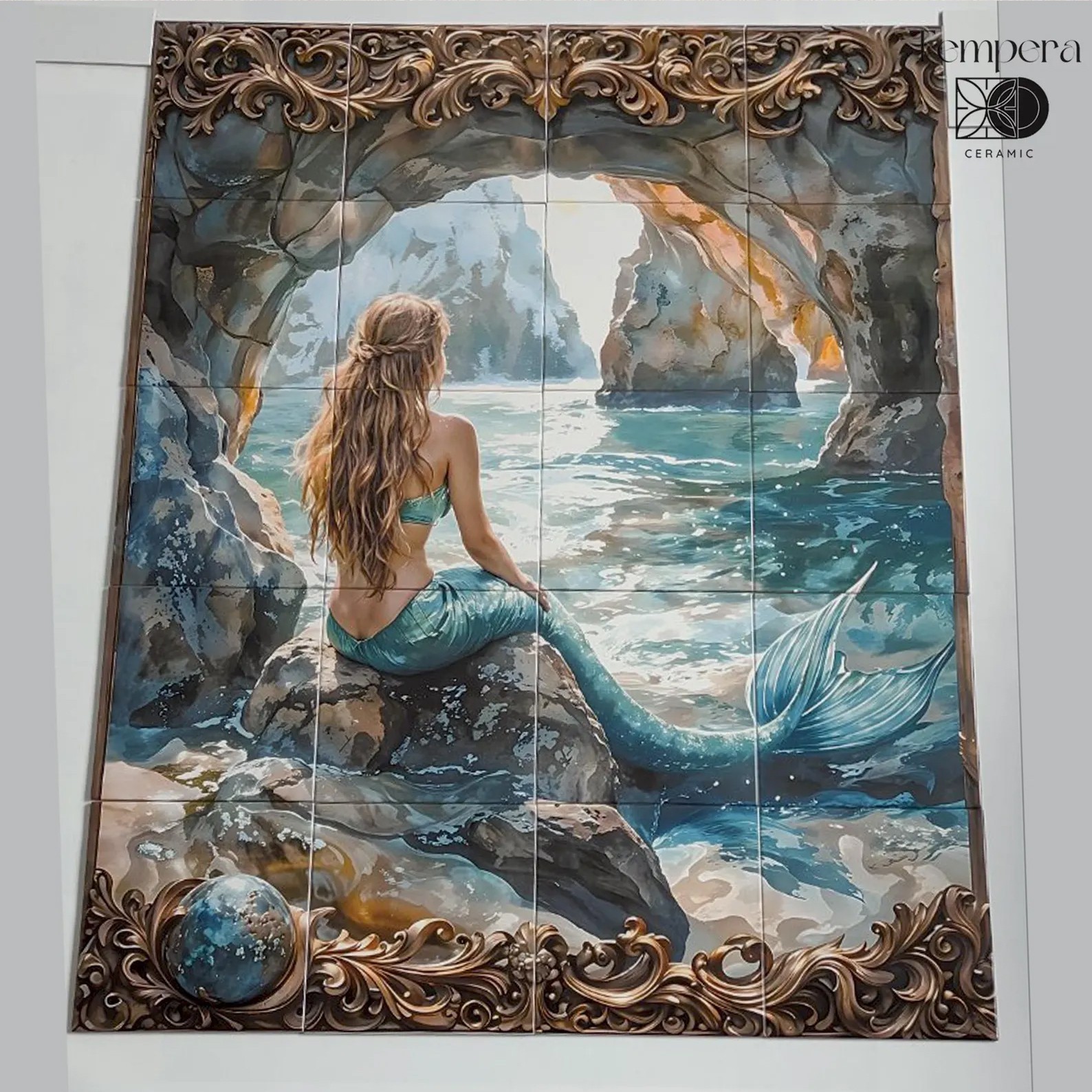 Mermaid Tile Mural for Turquoise Bathroom, Sea Siren Shower Niche Accent tiles