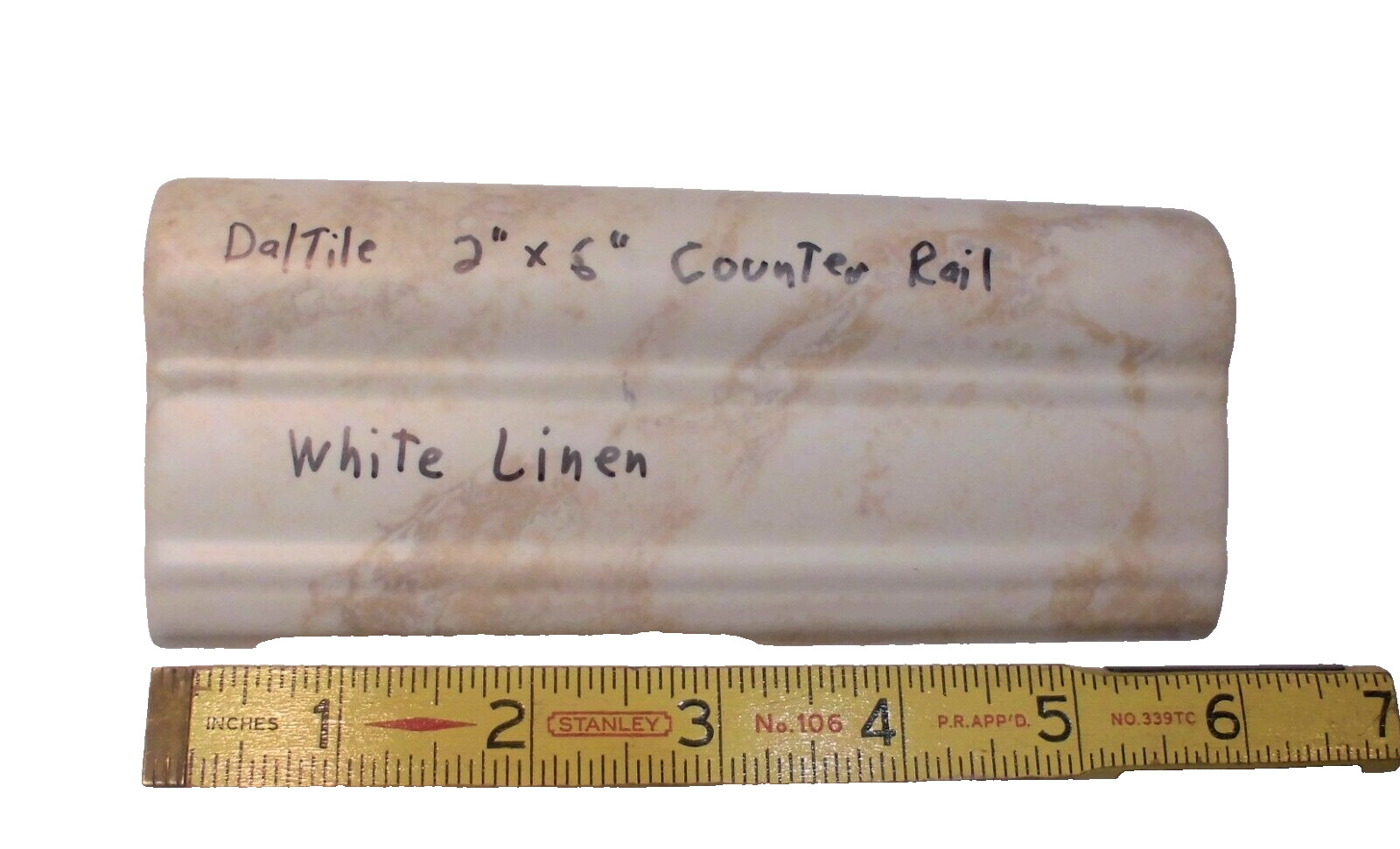 1 pc. Daltile: White Linen + Brown: V Cap Ceramic Trim Tile: Countertop-Edging