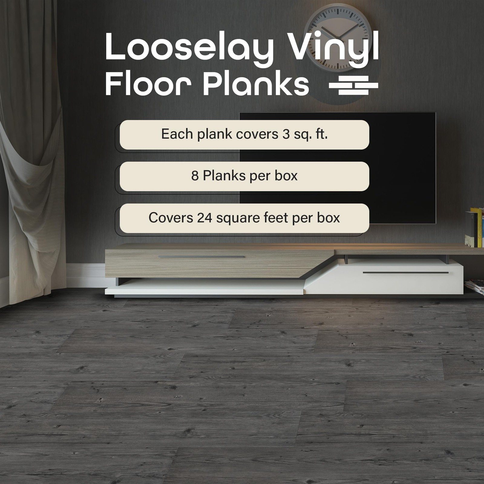 Looselay Vinyl Plank Flooring, 8 Planks – 9″ x 48″, Smoke Grey – No Adhesive …