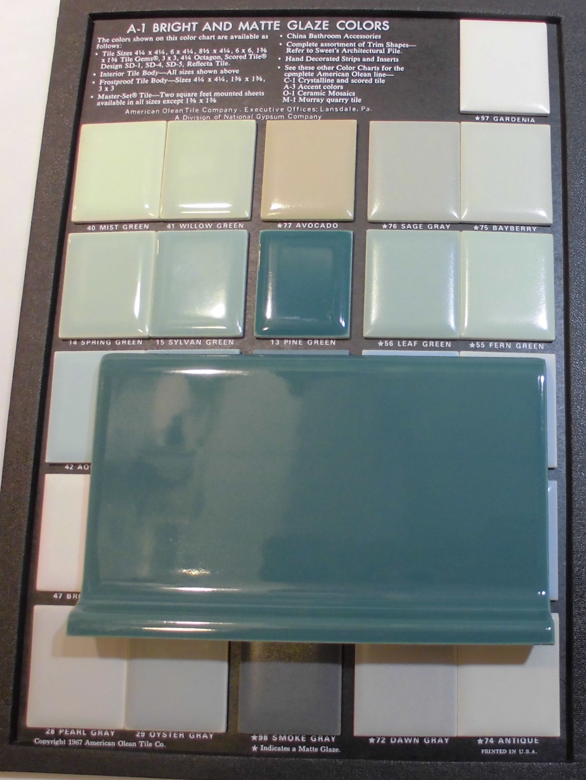 1 pc. Glossy *Pine Green* 4” X 6” Ceramic Cove Base Tile , Bullnose Top “NOS”